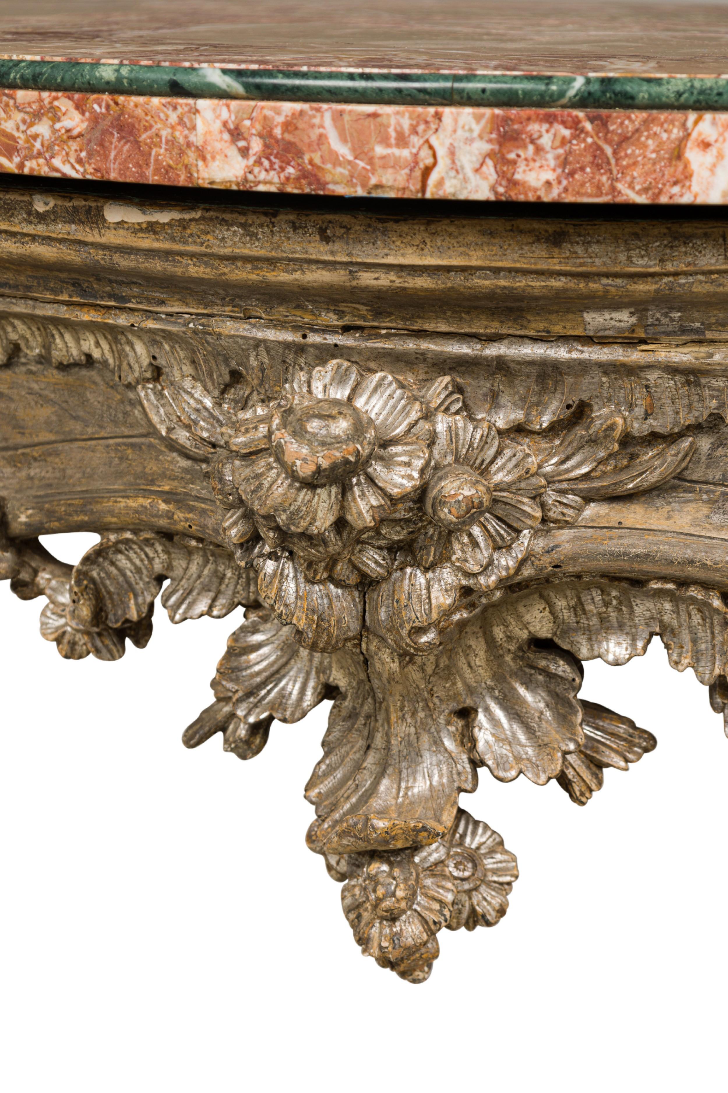 Italian Rococo Carved Silver Gilt and Blush and Green Marble Top Console Table For Sale 1