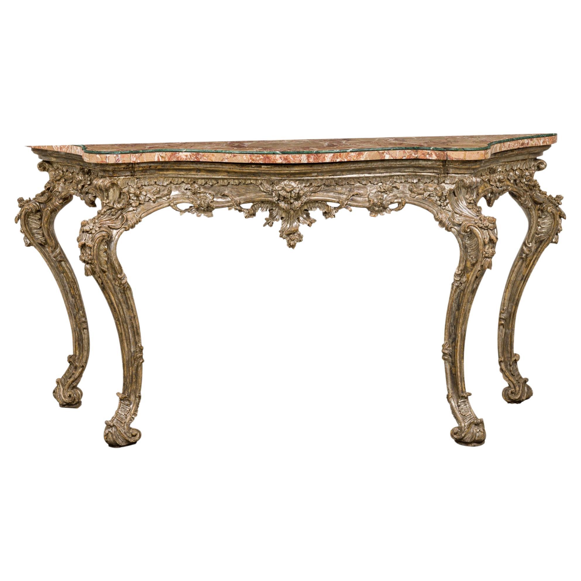 Mesa consola italiana rococó tallada en plata dorada y tapa de mármol rubor y verde