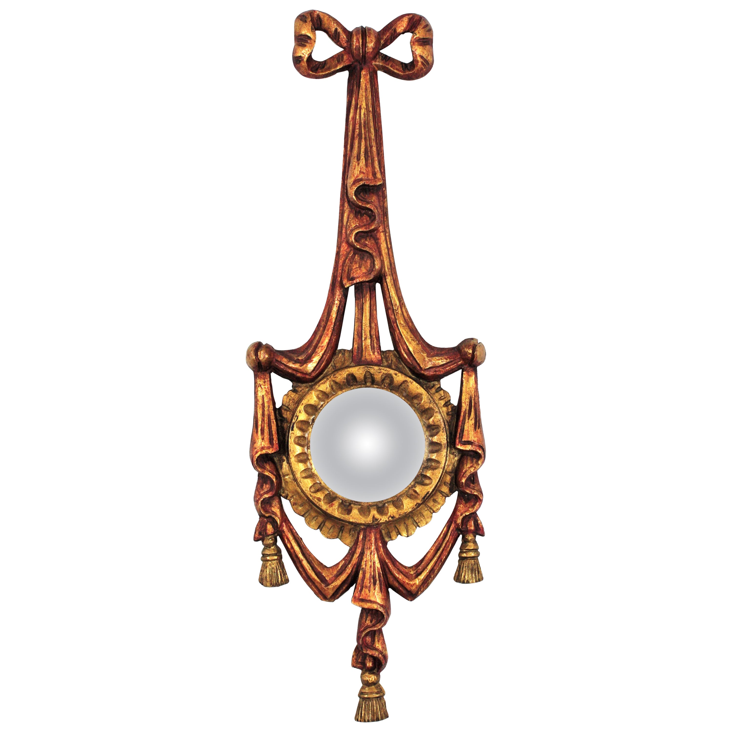 Miroir convexe rococo italien en bois doré avec encadrement de nœuds et de rubans