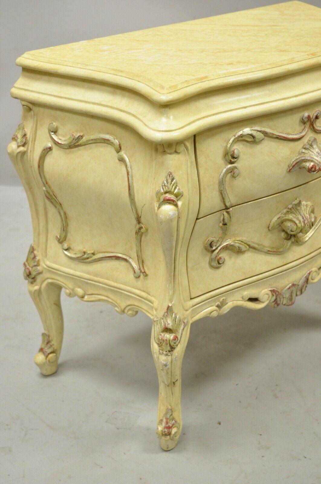 Italian Rococo Cream Lacquer 2 Drawer Nightstands Bombe Bedside Commode, a Pair For Sale 3