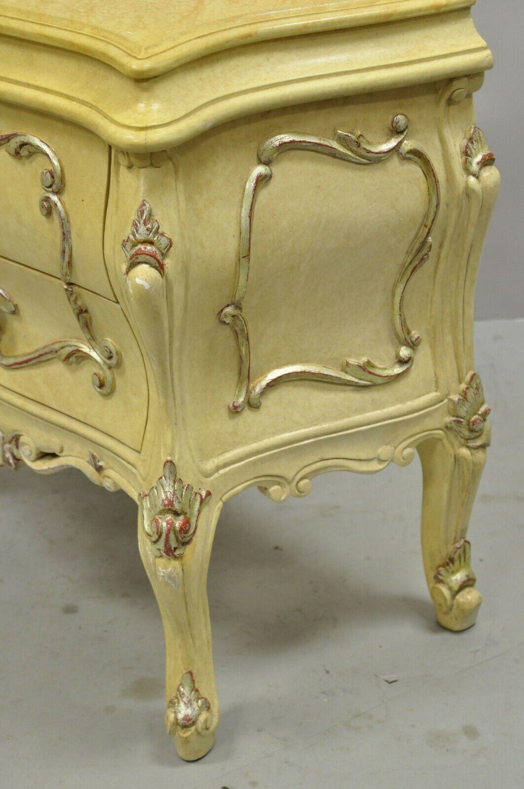 Italian Rococo Cream Lacquer 2 Drawer Nightstands Bombe Bedside Commode, a Pair For Sale 5