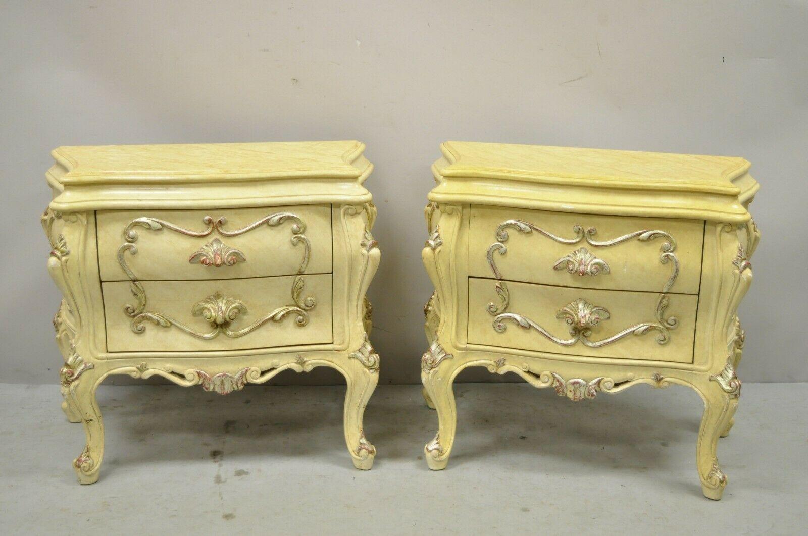 Vintage Italian Rococo cream lacquer 2 drawer nightstands bombe bedside commode - a pair. Item features distressed finish, nicely carved details, 2 drawers, cabriole, very nice vintage pair, quality Italian craftsmanship, great style and form. Circa