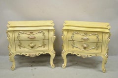 Italian Rococo Cream Lacquer 2 Drawer Nightstands Bombe Bedside Commode - a Pair
