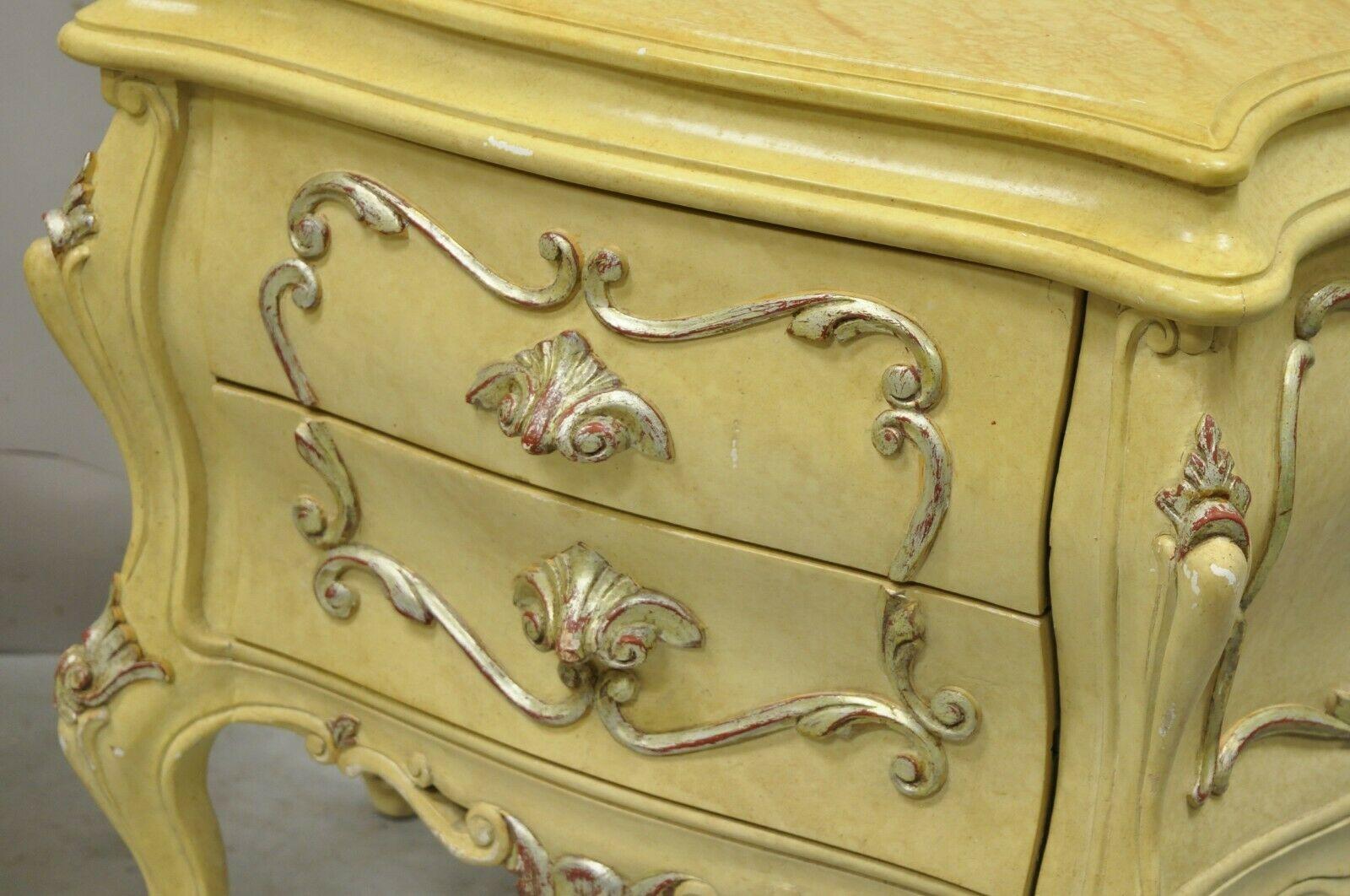 Italian Rococo Cream Lacquer 2 Drawer Nightstands Bombe Bedside Commode, a Pair In Good Condition For Sale In Philadelphia, PA