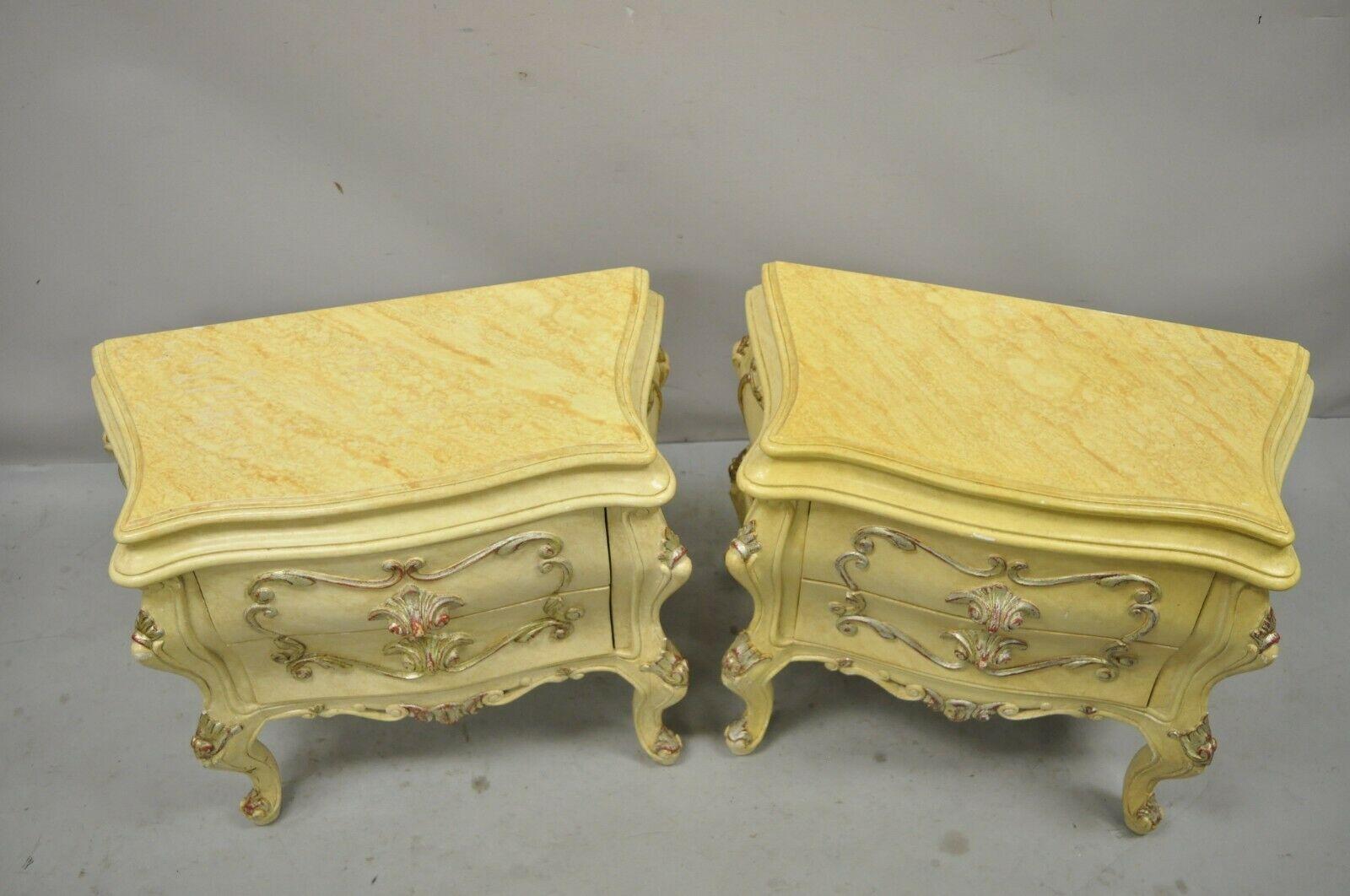 20th Century Italian Rococo Cream Lacquer 2 Drawer Nightstands Bombe Bedside Commode, a Pair For Sale
