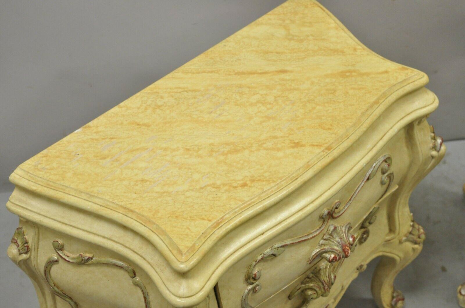Italian Rococo Cream Lacquer 2 Drawer Nightstands Bombe Bedside Commode, a Pair 1