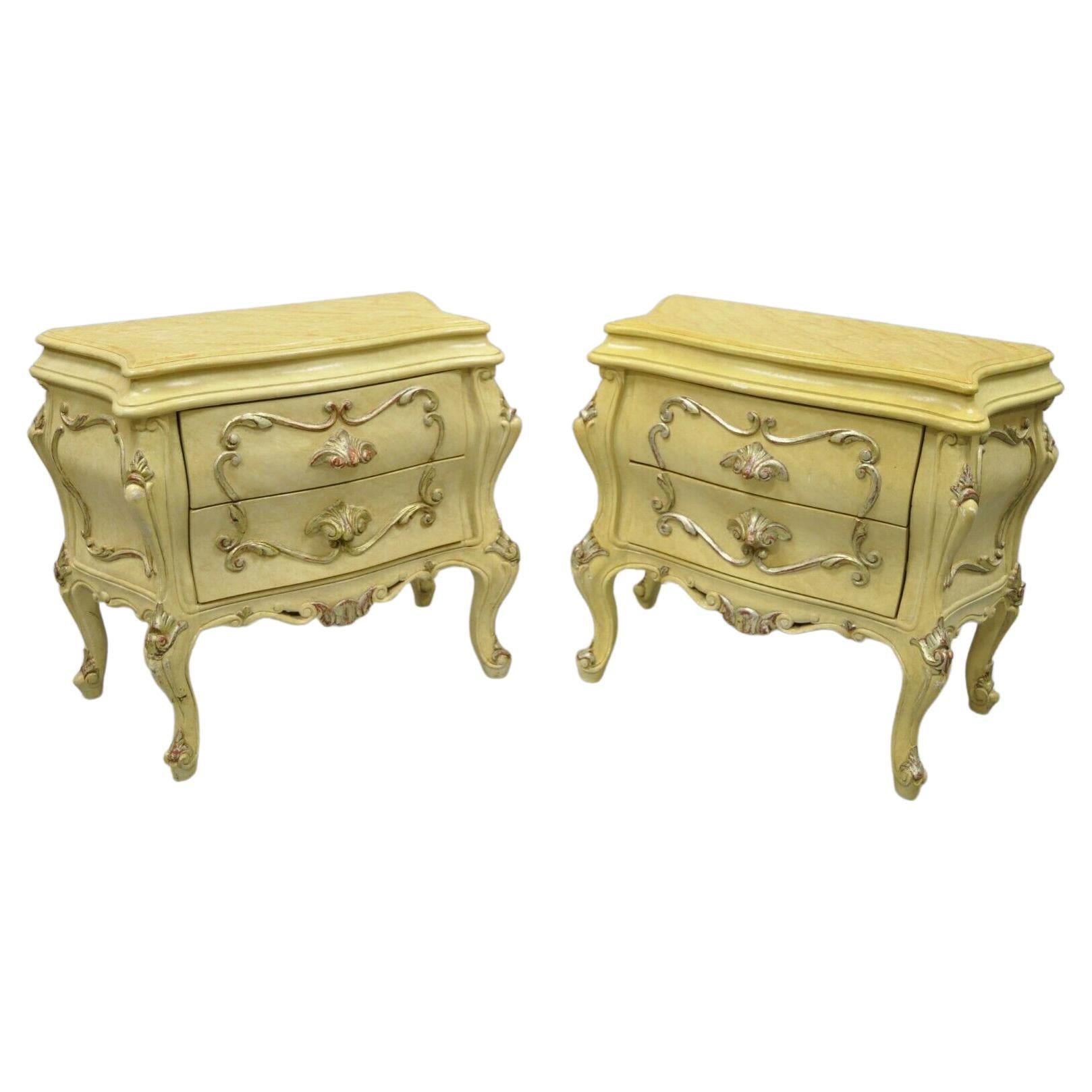 Italian Rococo Cream Lacquer 2 Drawer Nightstands Bombe Bedside Commode, a Pair For Sale