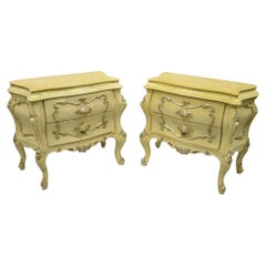 Italian Rococo Cream Lacquer 2 Drawer Nightstands Bombe Bedside Commode - a Pair
