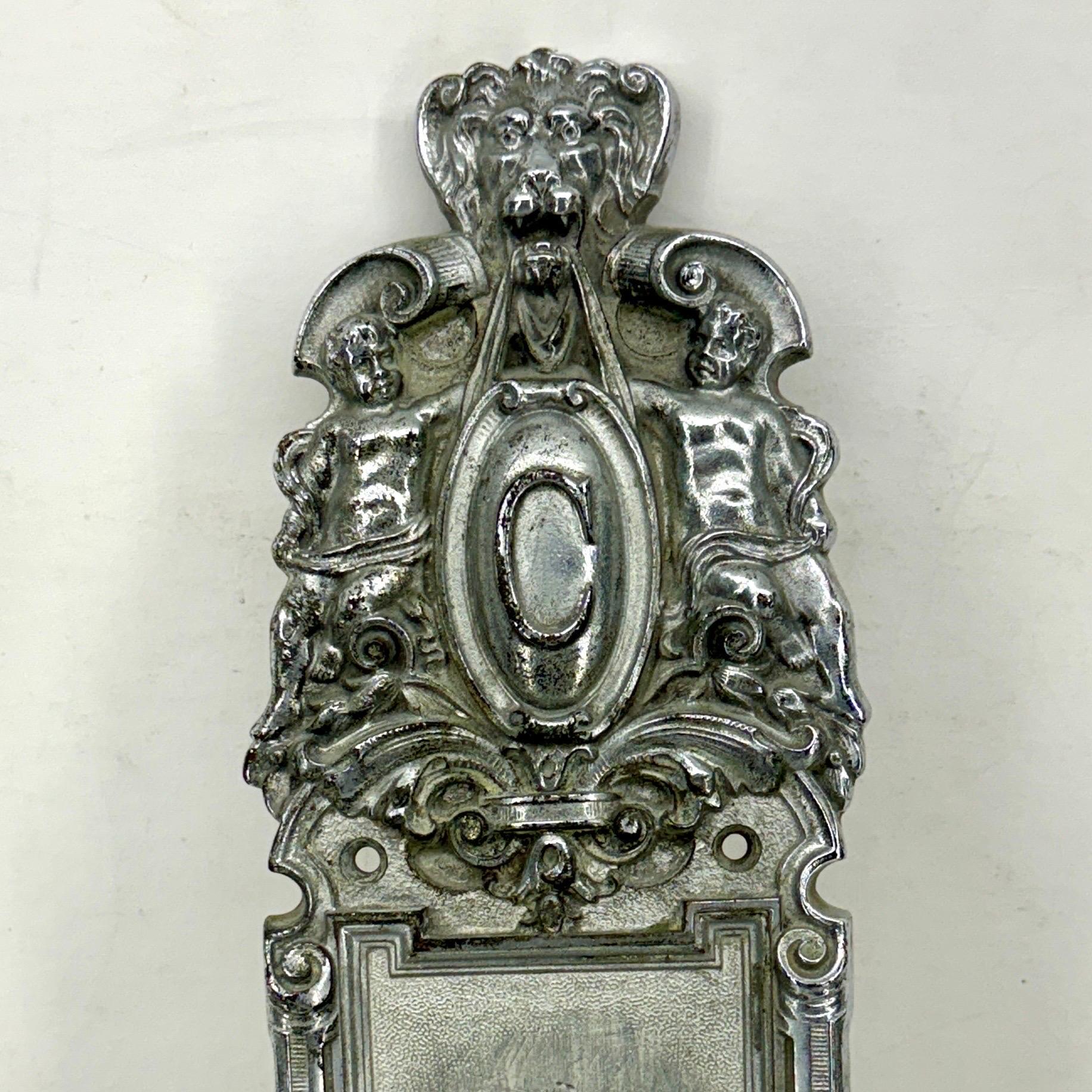 Hand-Crafted Italian Rococo Exterior Chromed Door Handle Monogramed with C For Sale