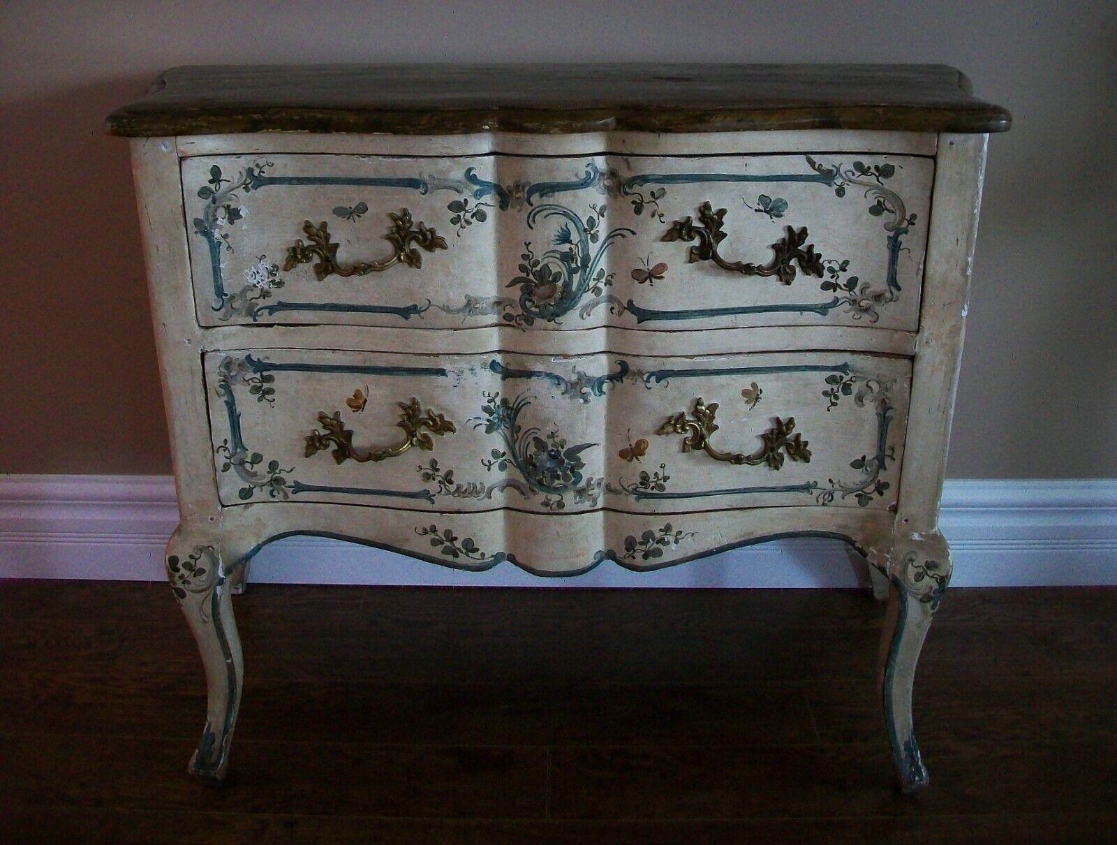 Hand-Carved Italian Rococo Floral & Butterfly Painted Chest of Drawers, Mid 19th Century For Sale