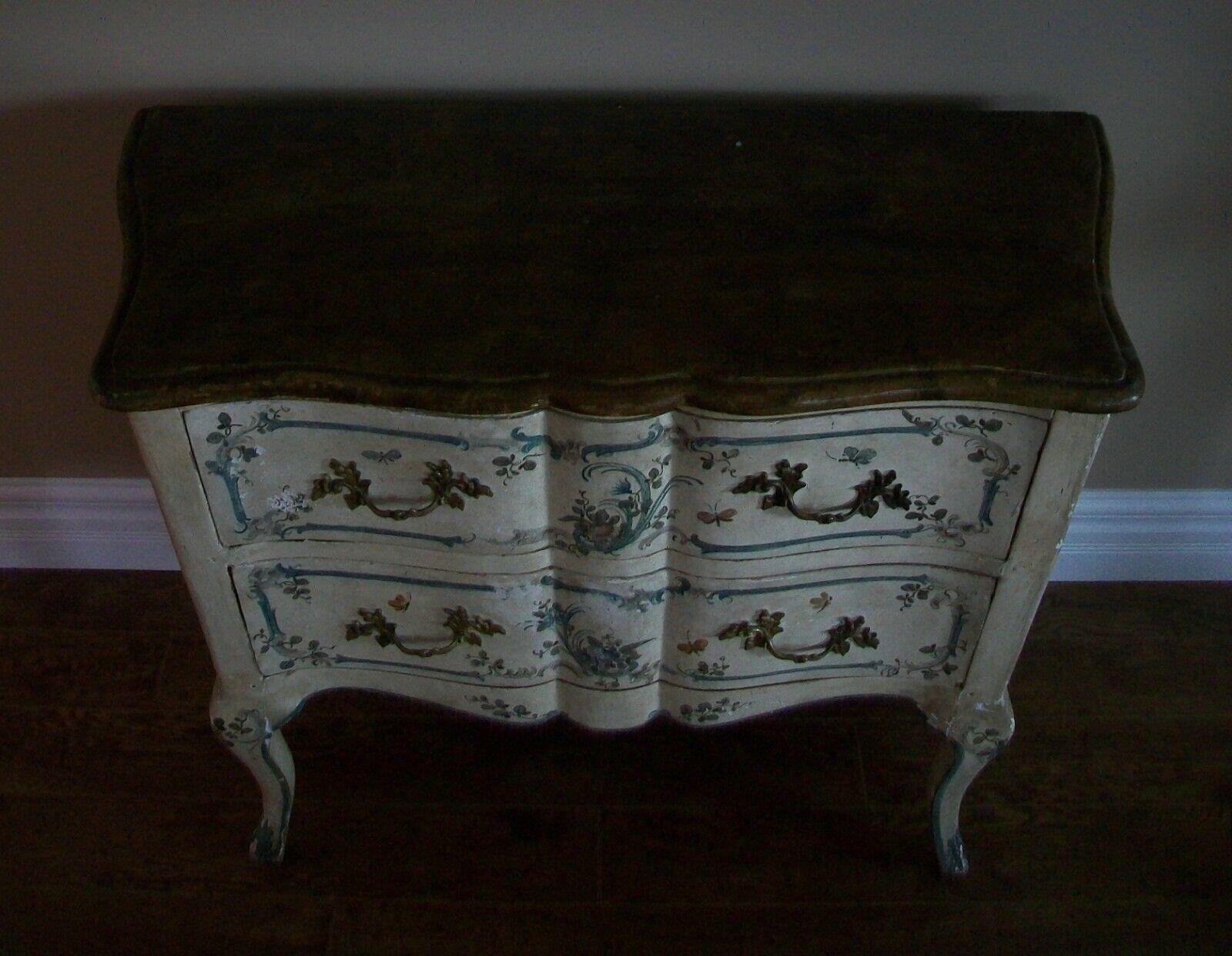 Italian Rococo Floral & Butterfly Painted Chest of Drawers, Mid 19th Century For Sale 1