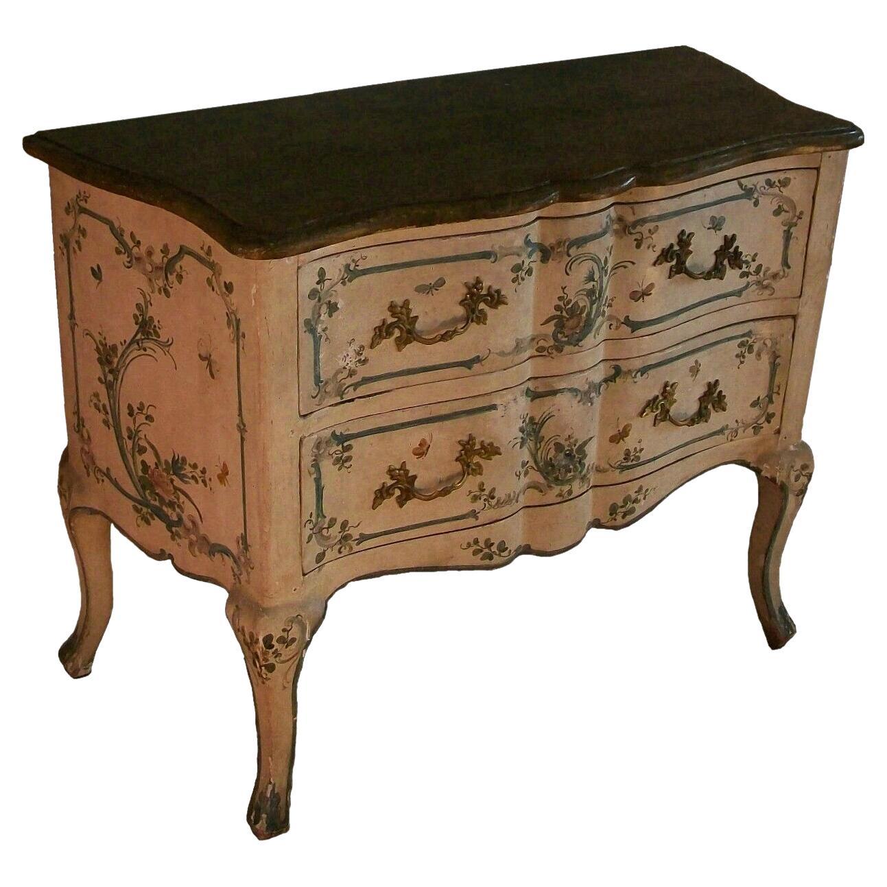Italian Rococo Floral & Butterfly Painted Chest of Drawers, Mid 19th Century For Sale