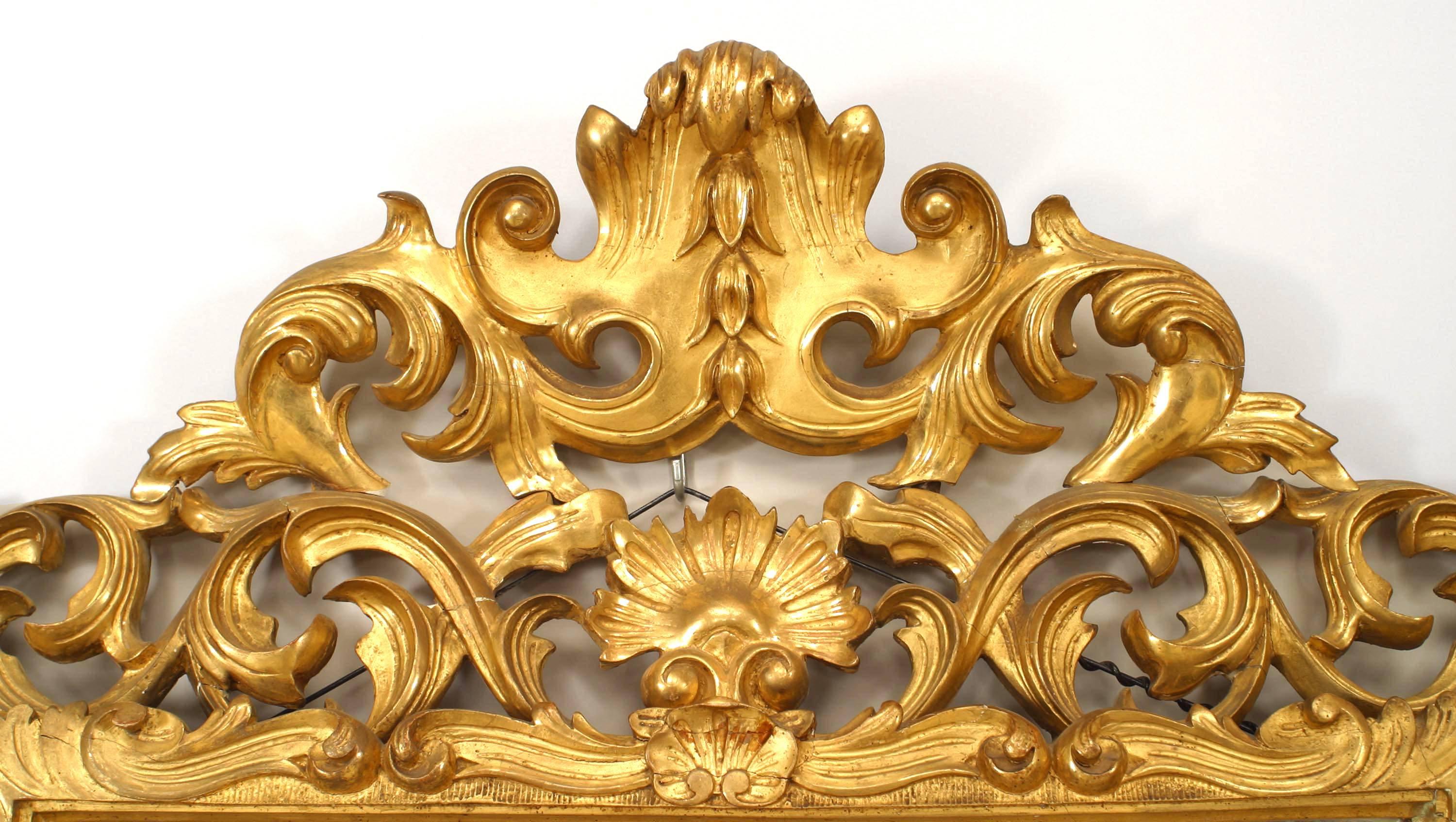 Italian Rococo Florentine style (19th century) giltwood wall mirror with ornately filigree scroll carved frame with a bevelled glass.
        