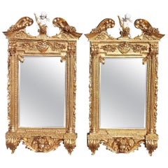 Pair of Italian Rococo Gilt Cornucopia and Floral Cherub Wall Mirrors, C. 1850