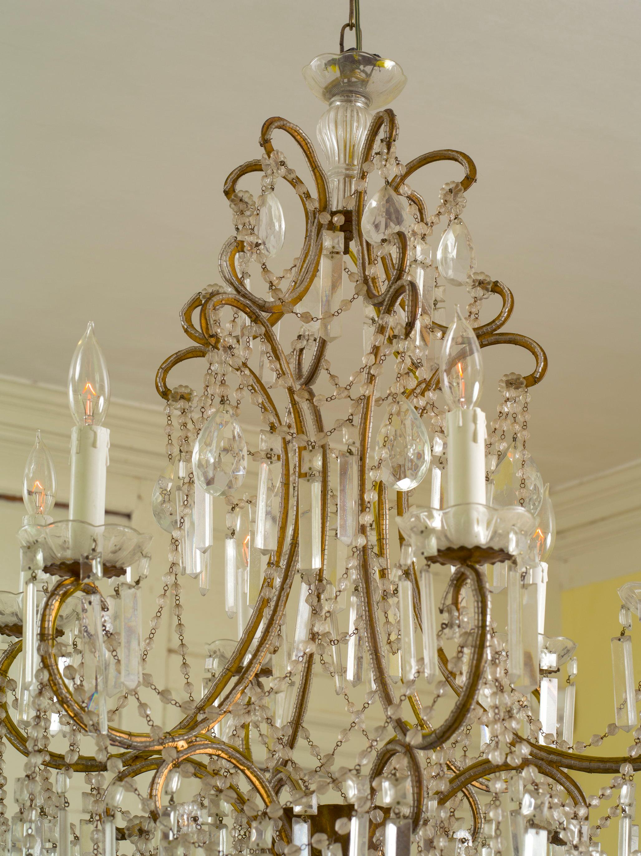 20th Century Italian Rococo Gilt Metal and Cut-Glass Six-Light Chandelier For Sale