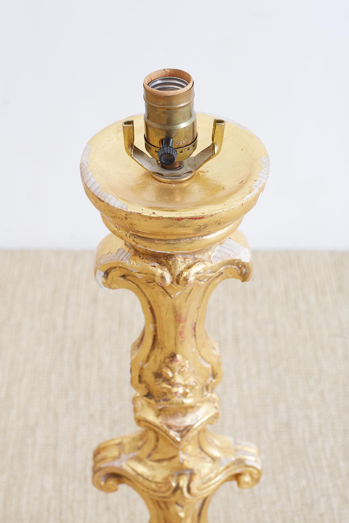 Italian Rococo Giltwood Pricket Candlestick Lamps 4