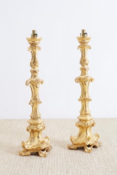 Italian Rococo Giltwood Pricket Candlestick Lamps