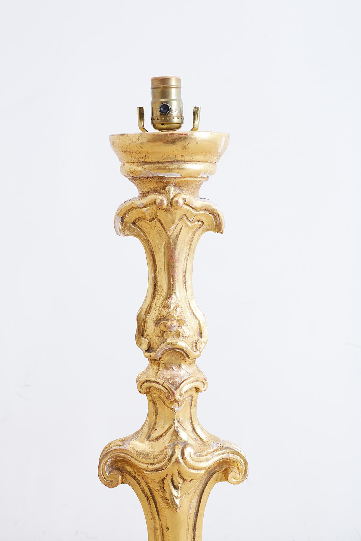 French Italian Rococo Giltwood Pricket Candlestick Lamps