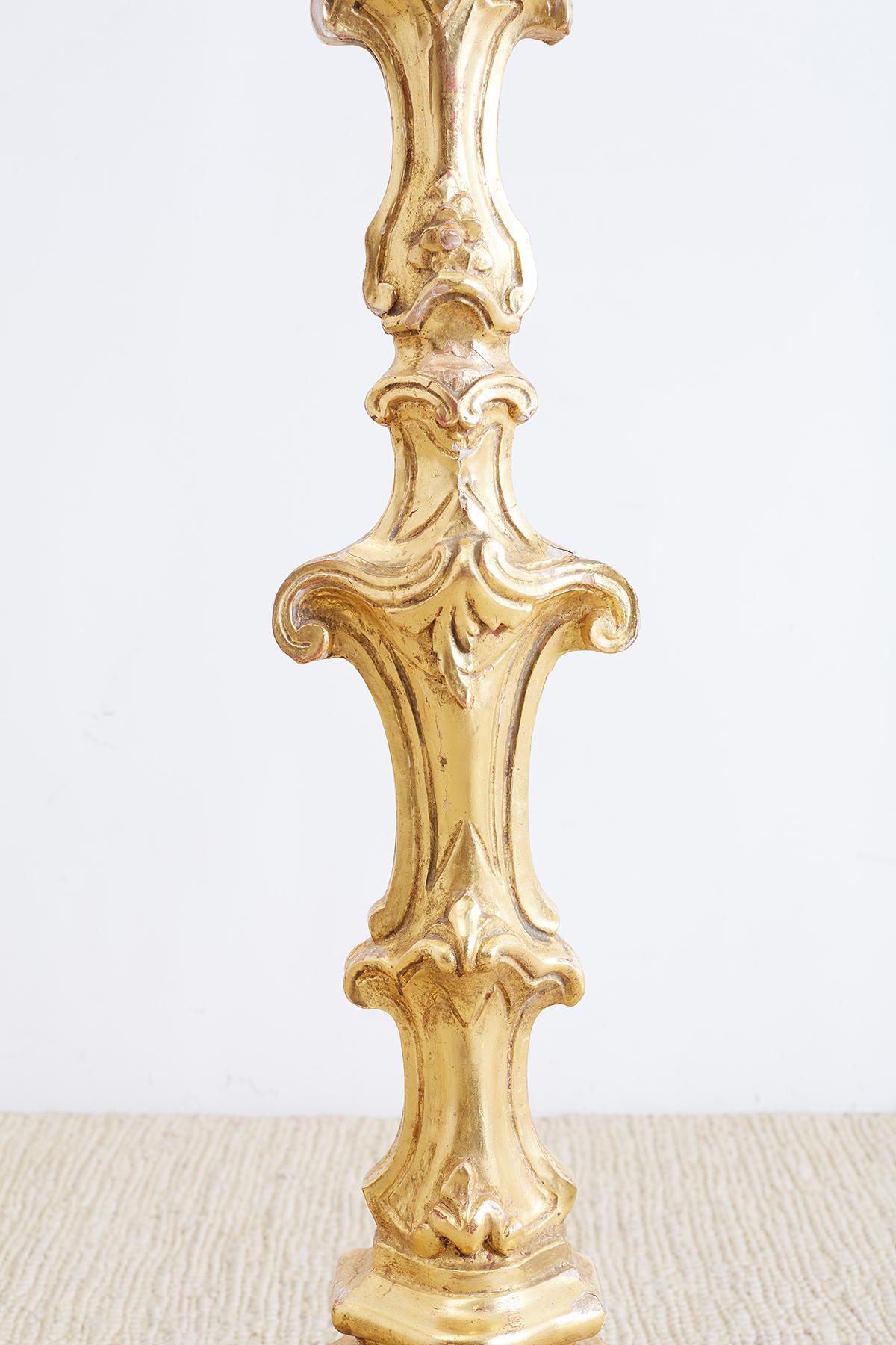 19th Century Italian Rococo Giltwood Pricket Candlestick Lamps