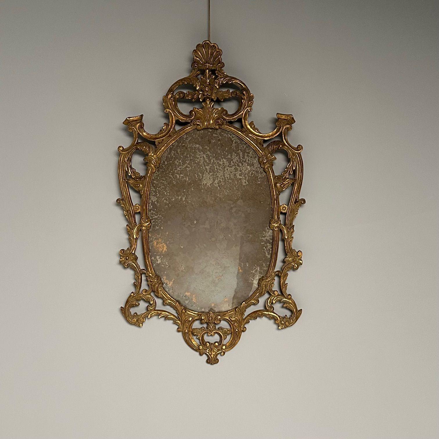 Hollywood Regency Italian Rococo Giltwood Wall or Console Mirror, Distressed For Sale