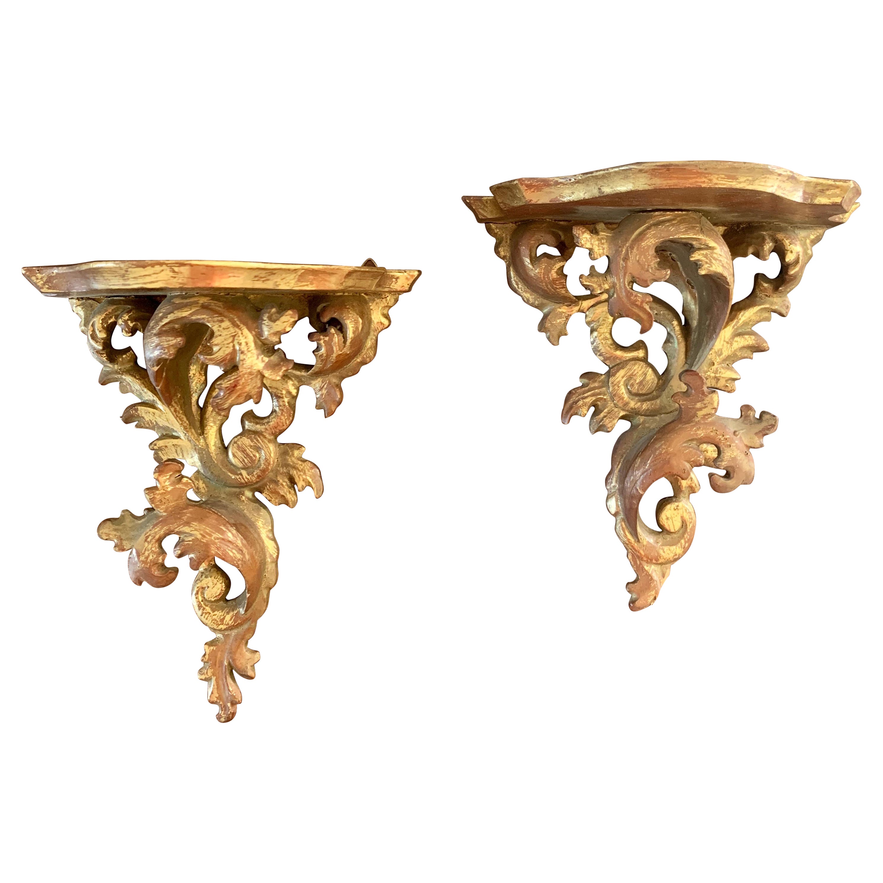 Italian Rococo Giltwood Wall Sconce Shelves, Pair