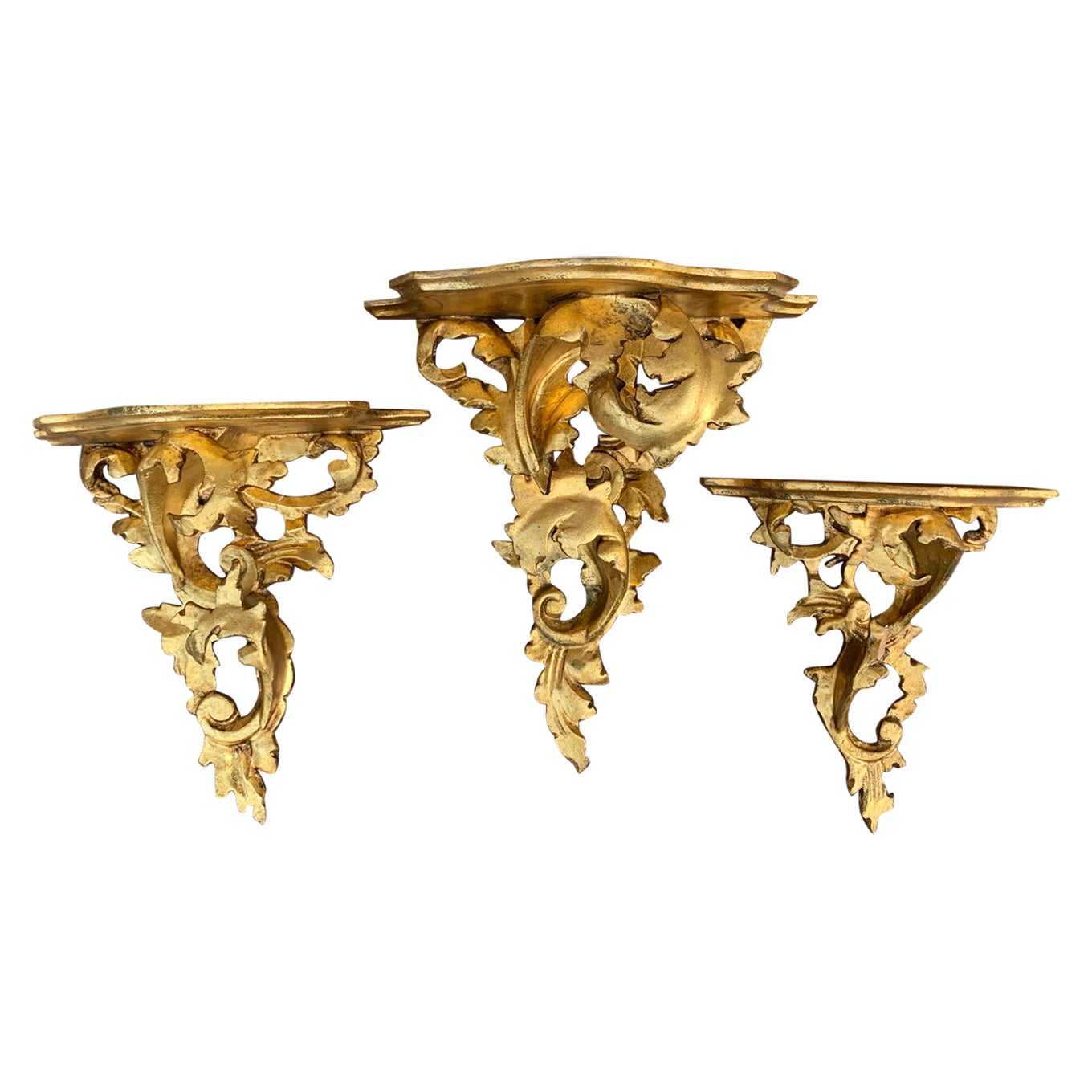 Italian Rococo Giltwood Wall Sconce Shelves, Set of Three