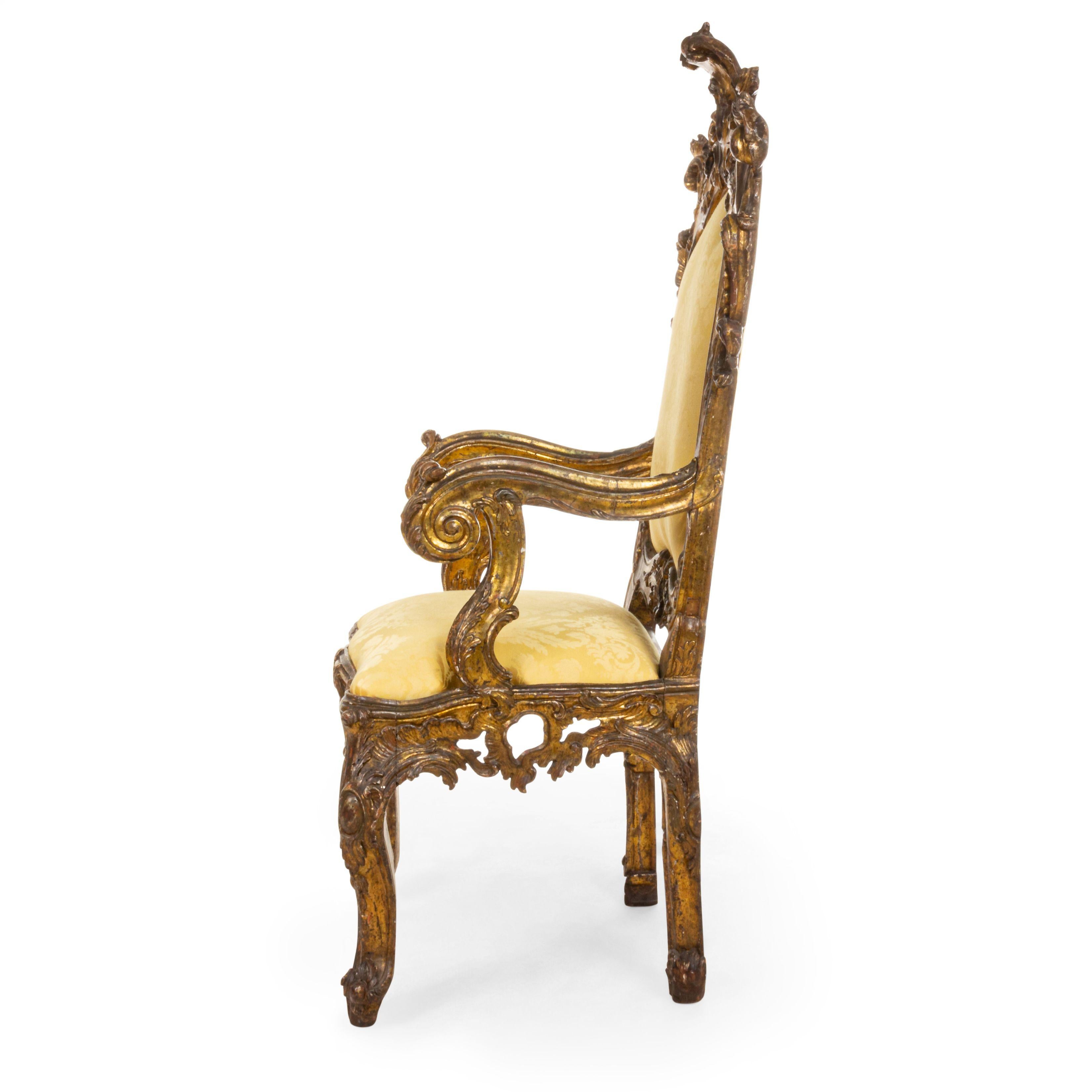 Antique Italian Rococo high back gilt carved throne chairs with gold damask slip seat and back.
 