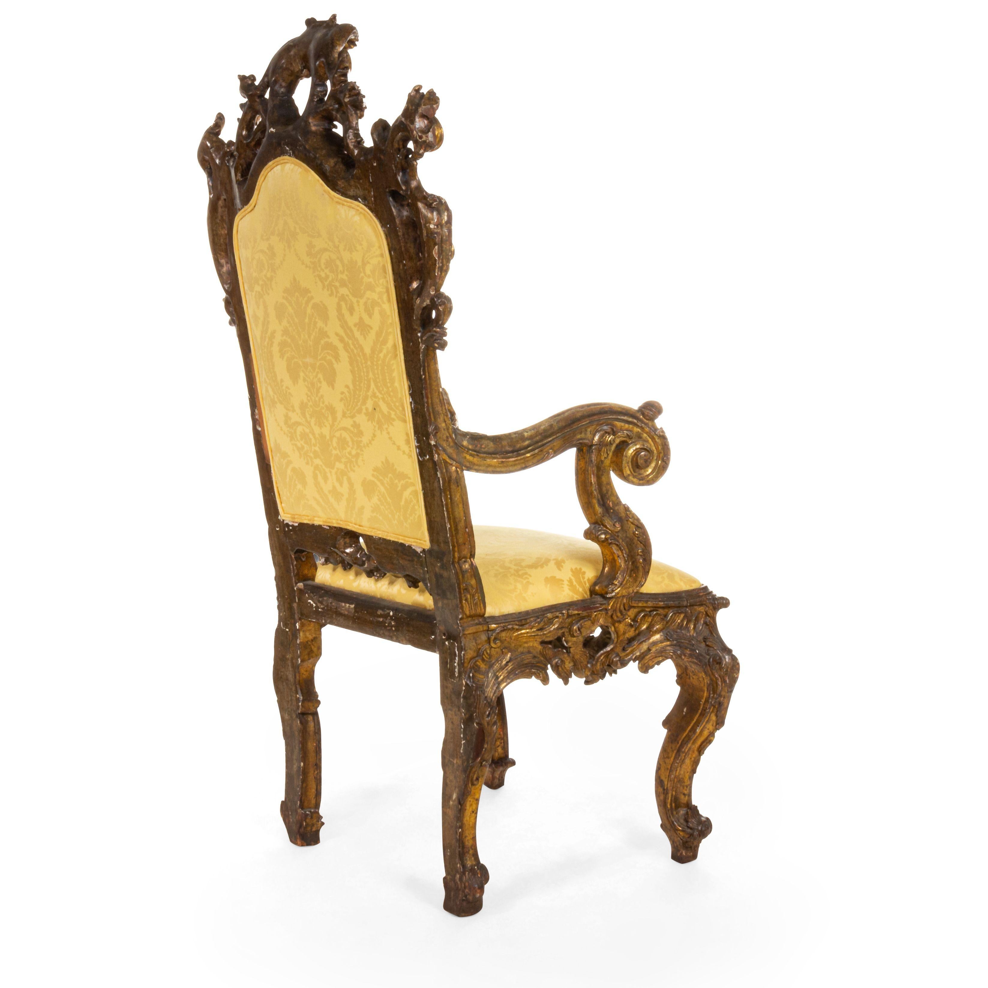 Carved Italian Rococo Gold Damask Throne Chair For Sale