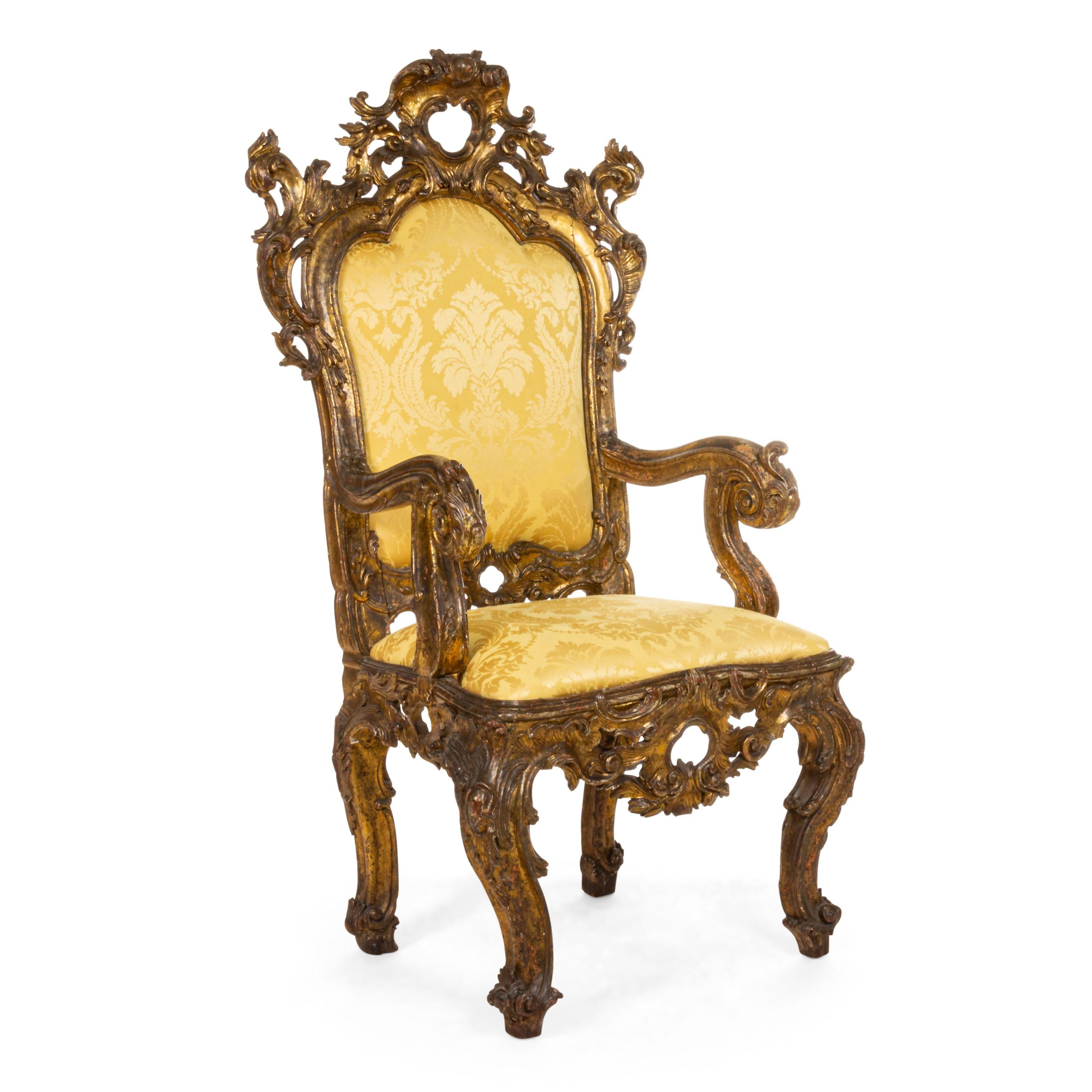 18th Century and Earlier Italian Rococo Gold Damask Throne Chair For Sale