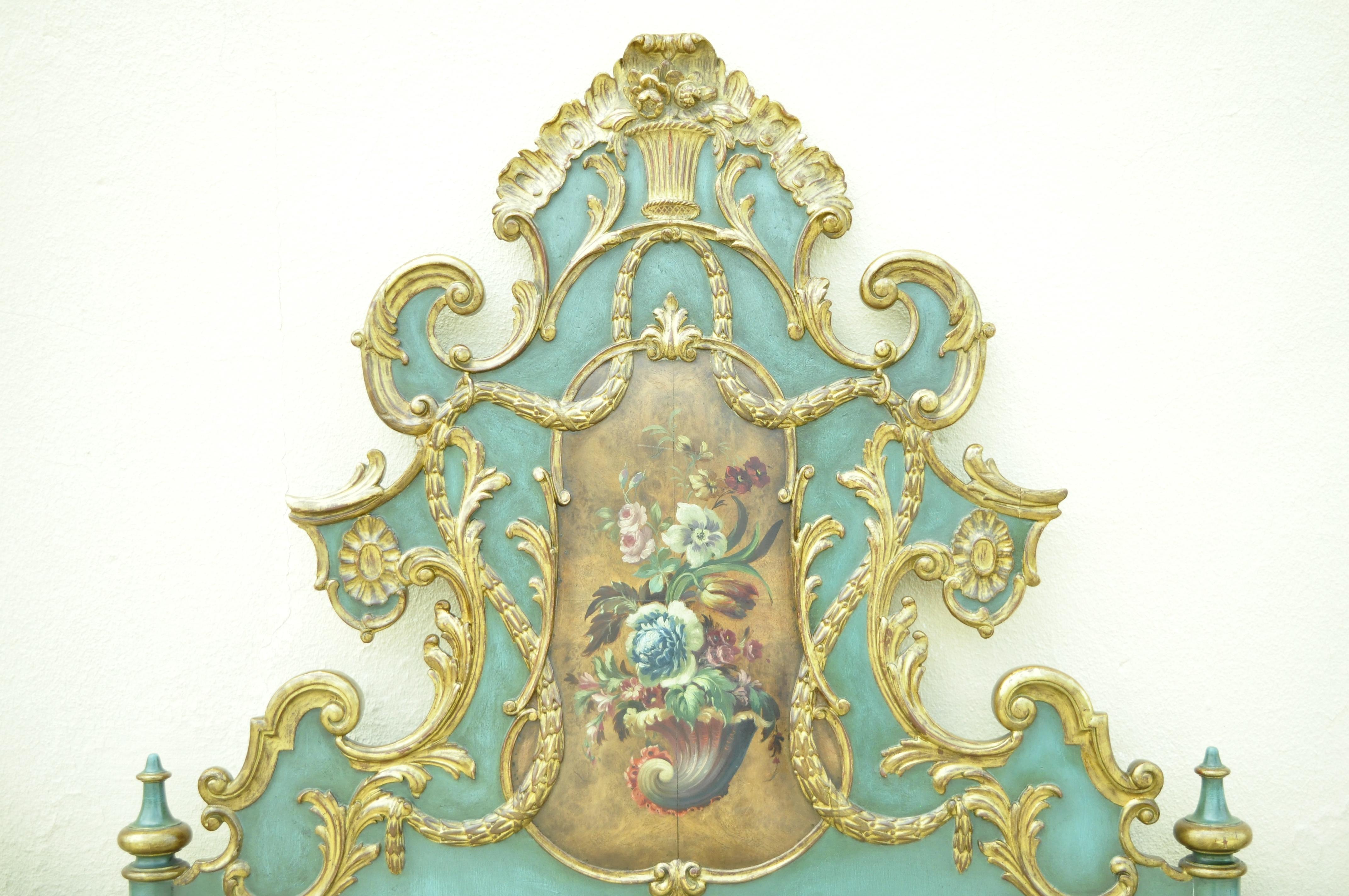 Vintage Italian Rococo green gold gilt wood hand painted floral full queen tall headboard. Item features green and gold distress painted finish, hand painted floral panel, gold gilt floral bouquet to crown, solid wood frame, nicely carved details,