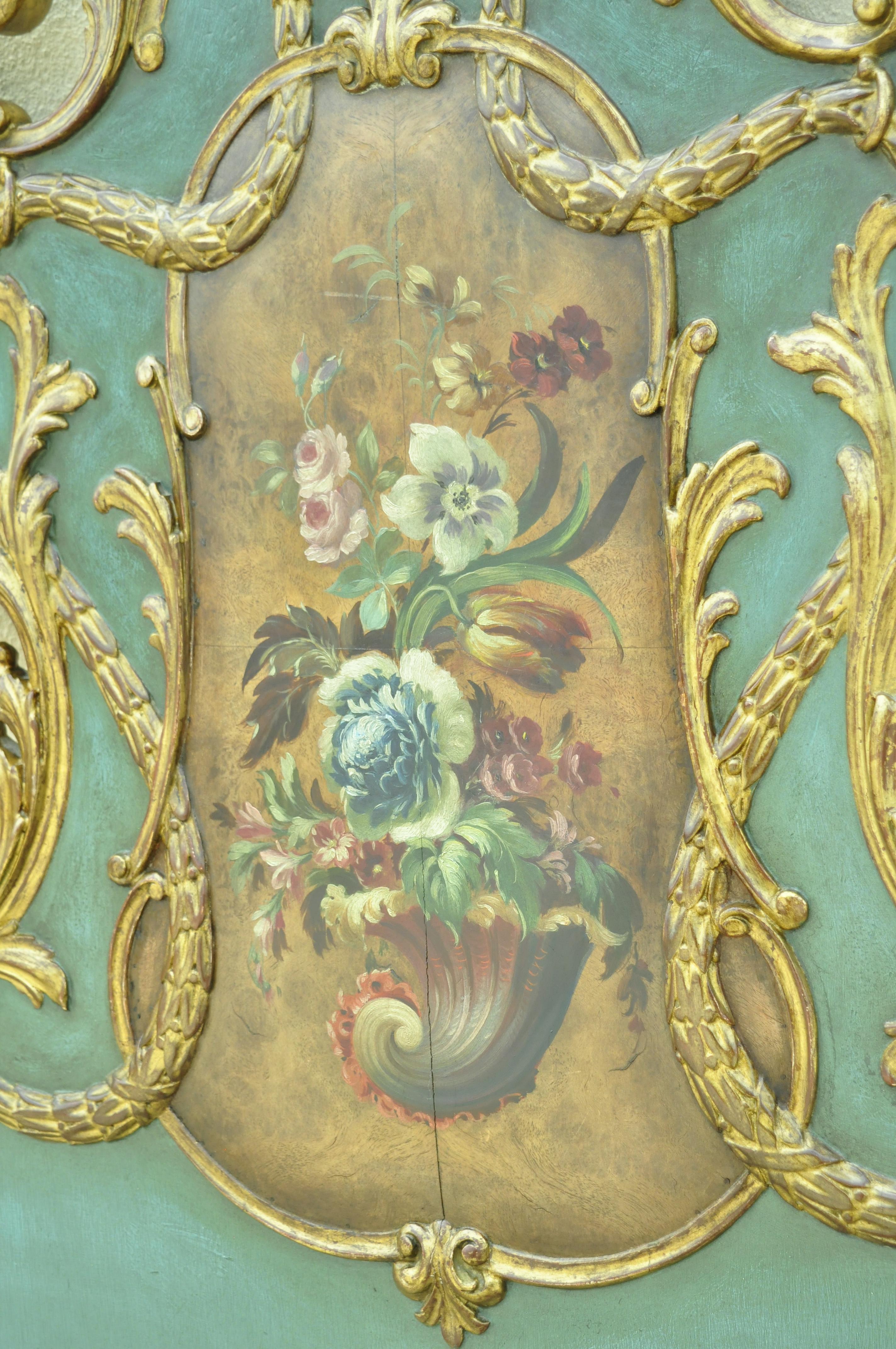 Italian Rococo Green Gold Gilt Wood Hand Painted Floral Full Queen Bed Headboard In Good Condition In Philadelphia, PA