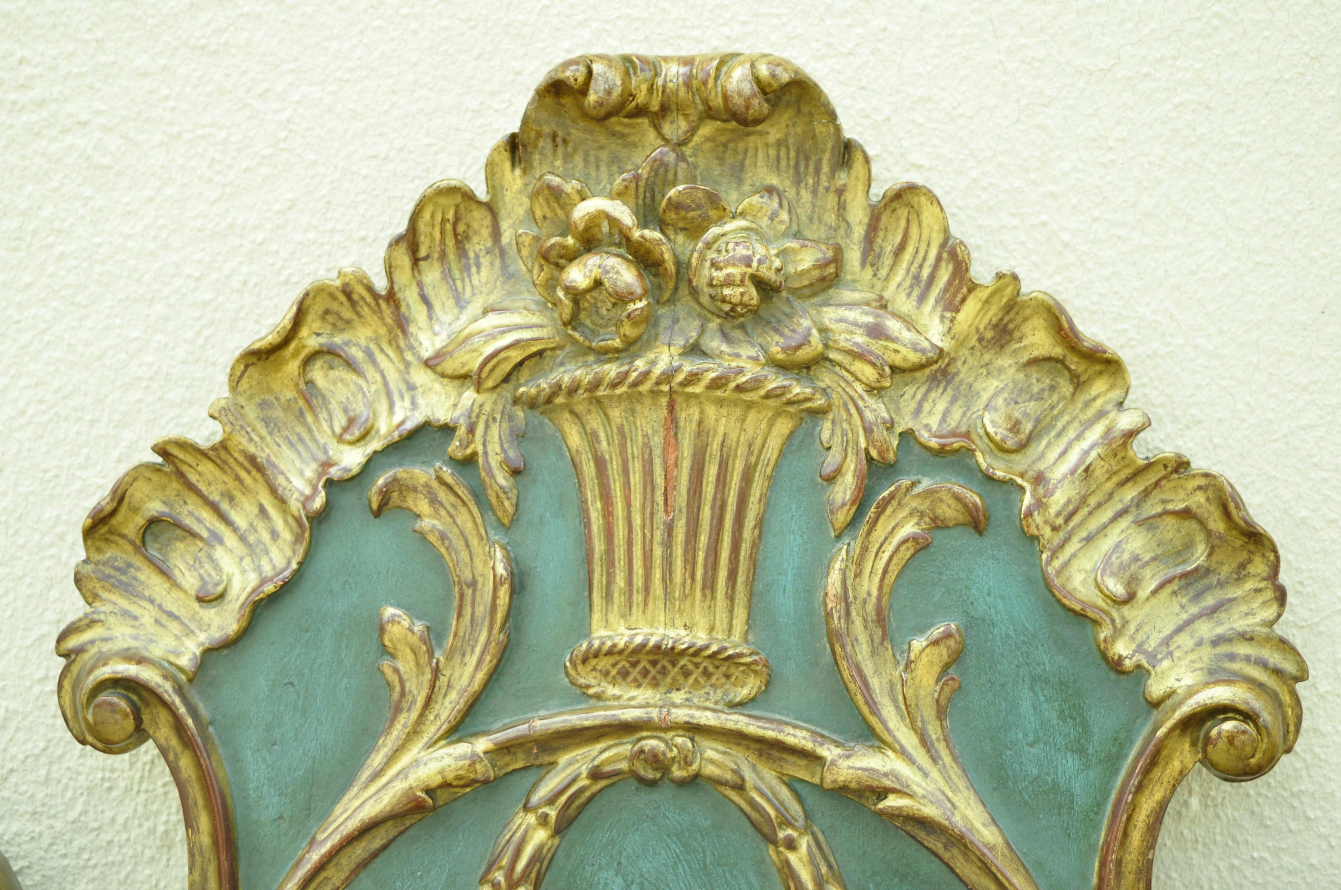 20th Century Italian Rococo Green Gold Gilt Wood Hand Painted Floral Full Queen Bed Headboard