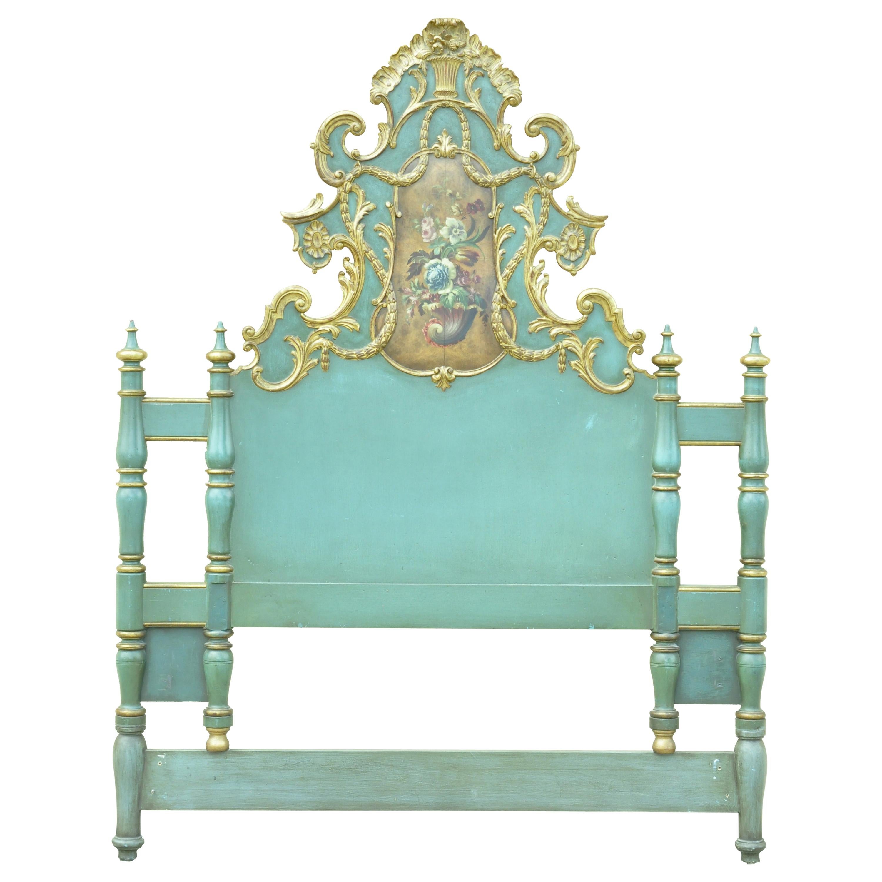Italian Rococo Green Gold Gilt Wood Hand Painted Floral Full Queen Bed Headboard