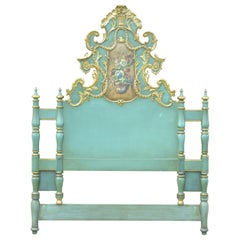 Retro Italian Rococo Green Gold Gilt Wood Hand Painted Floral Full Queen Bed Headboard