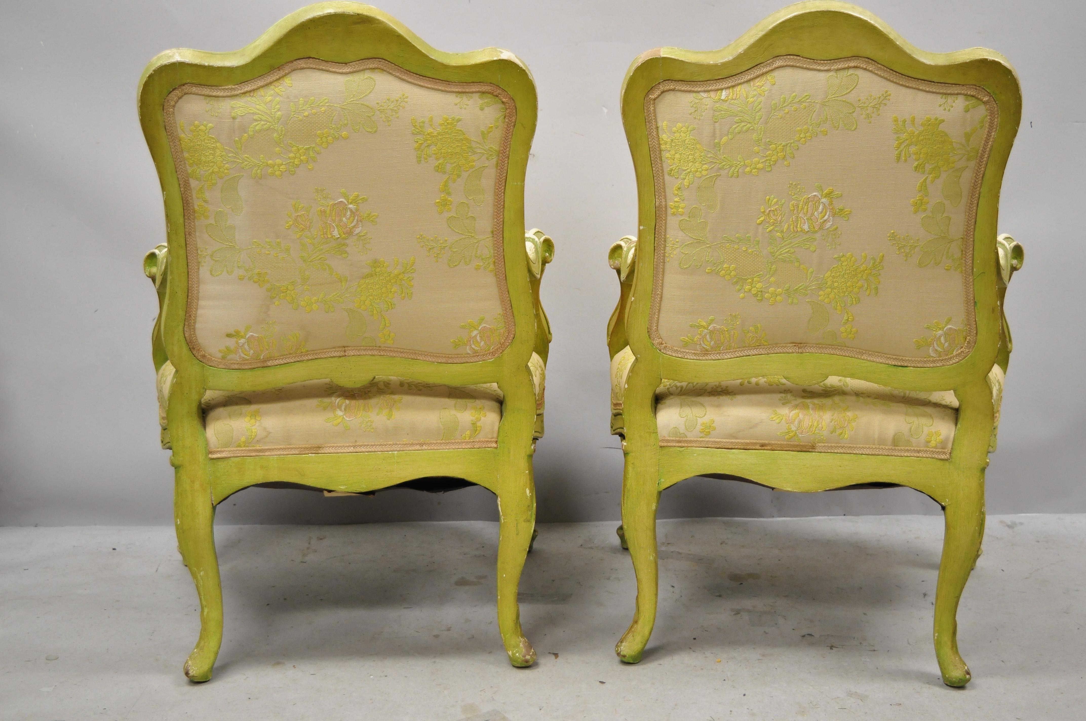 Italian Rococo Hollywood Regency Green Painted Fireside Lounge Armchairs, Pair 5