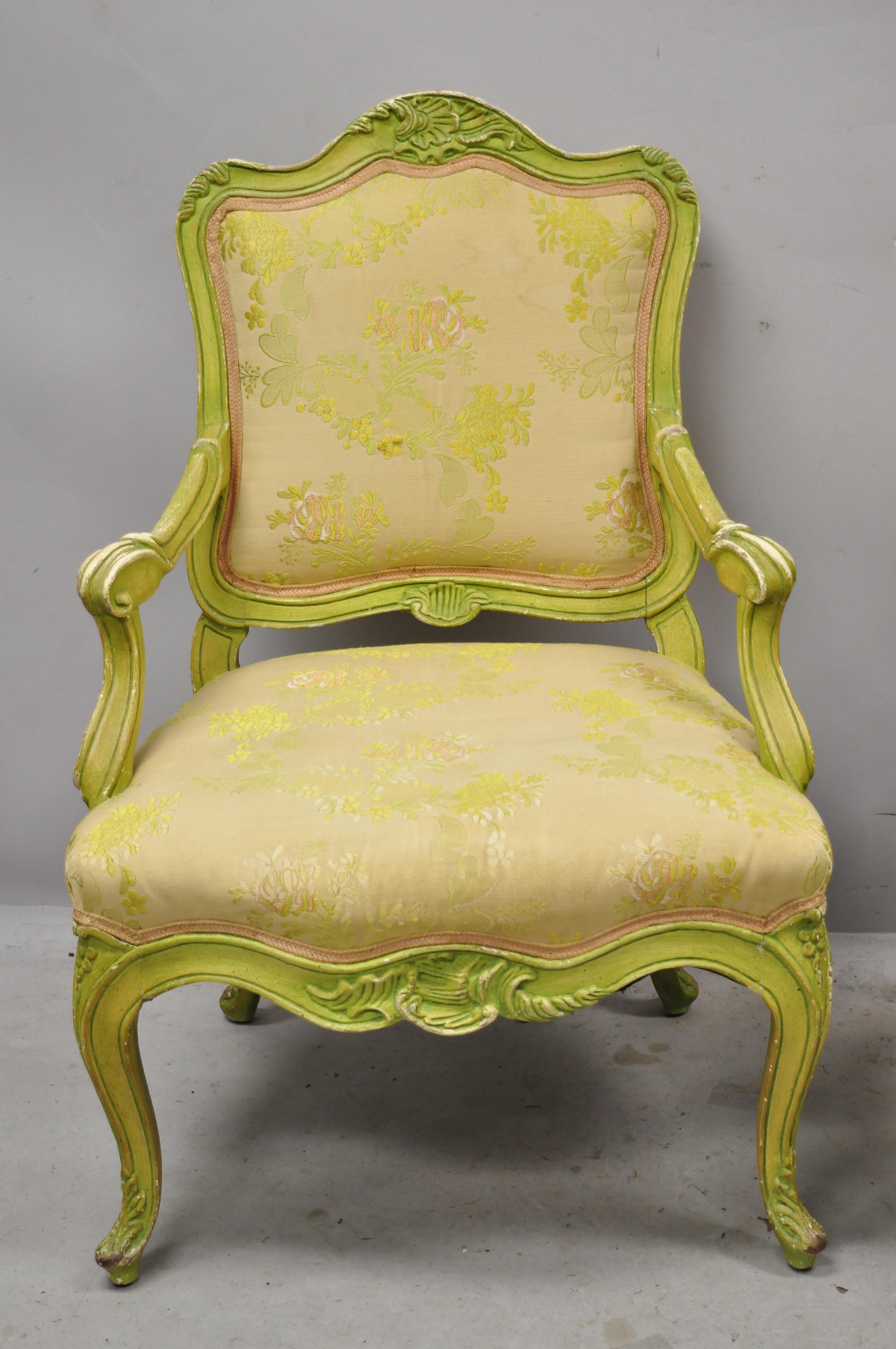 Italian Rococo Hollywood Regency Green Painted Fireside Lounge Armchairs, Pair 7