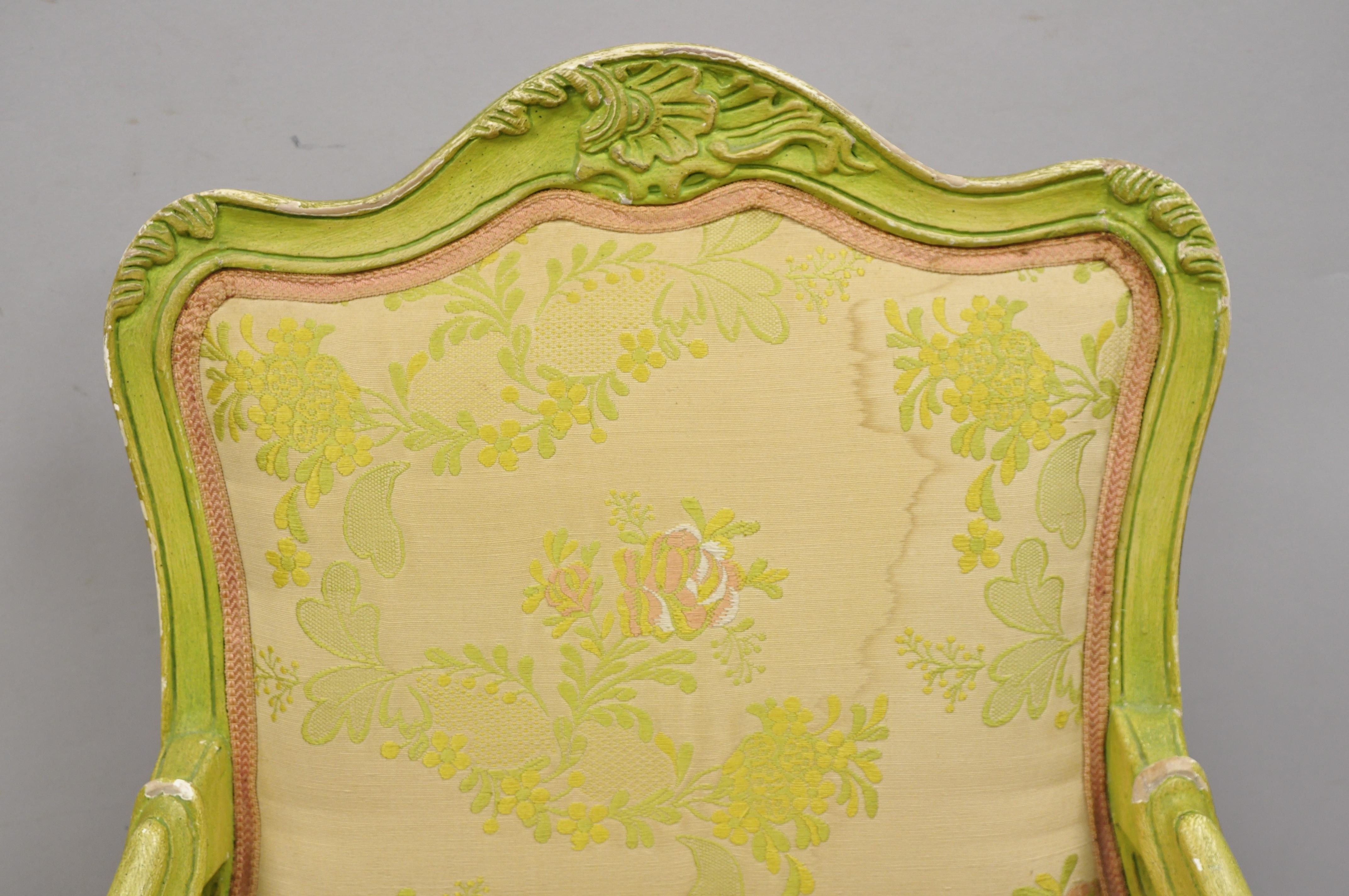 Italian Rococo Hollywood Regency Green Painted Fireside Lounge Armchairs, Pair In Good Condition In Philadelphia, PA
