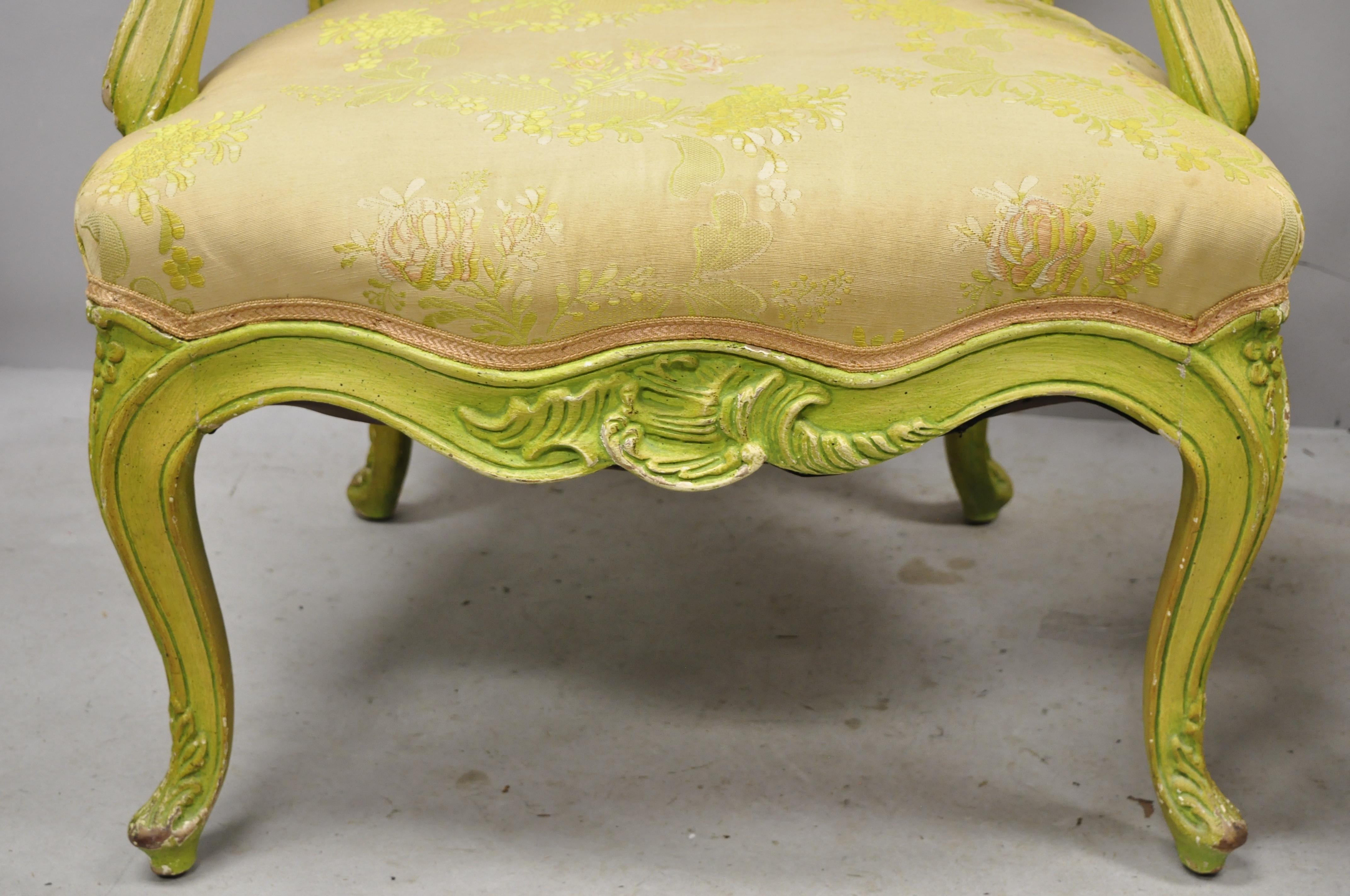 20th Century Italian Rococo Hollywood Regency Green Painted Fireside Lounge Armchairs, Pair