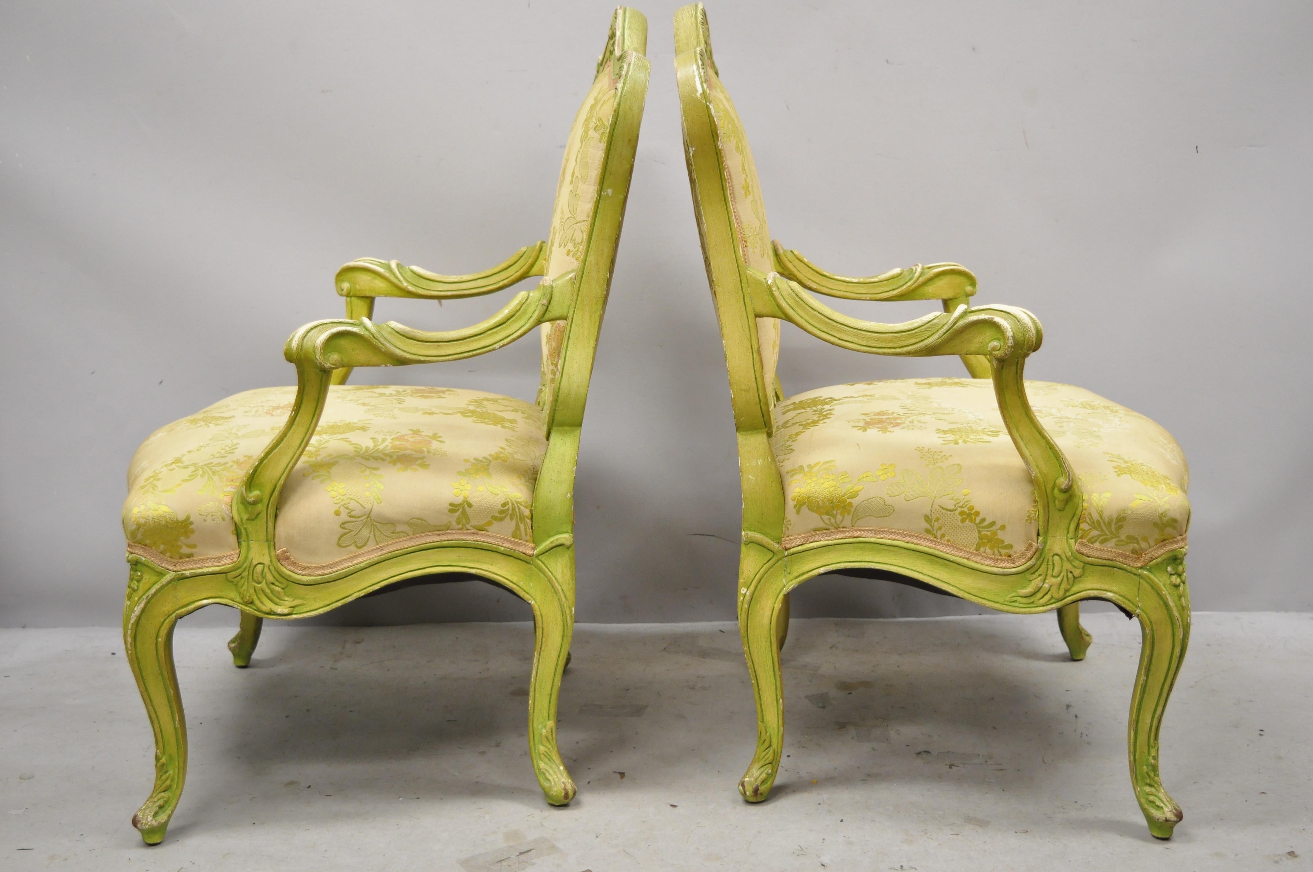 Fabric Italian Rococo Hollywood Regency Green Painted Fireside Lounge Armchairs, Pair