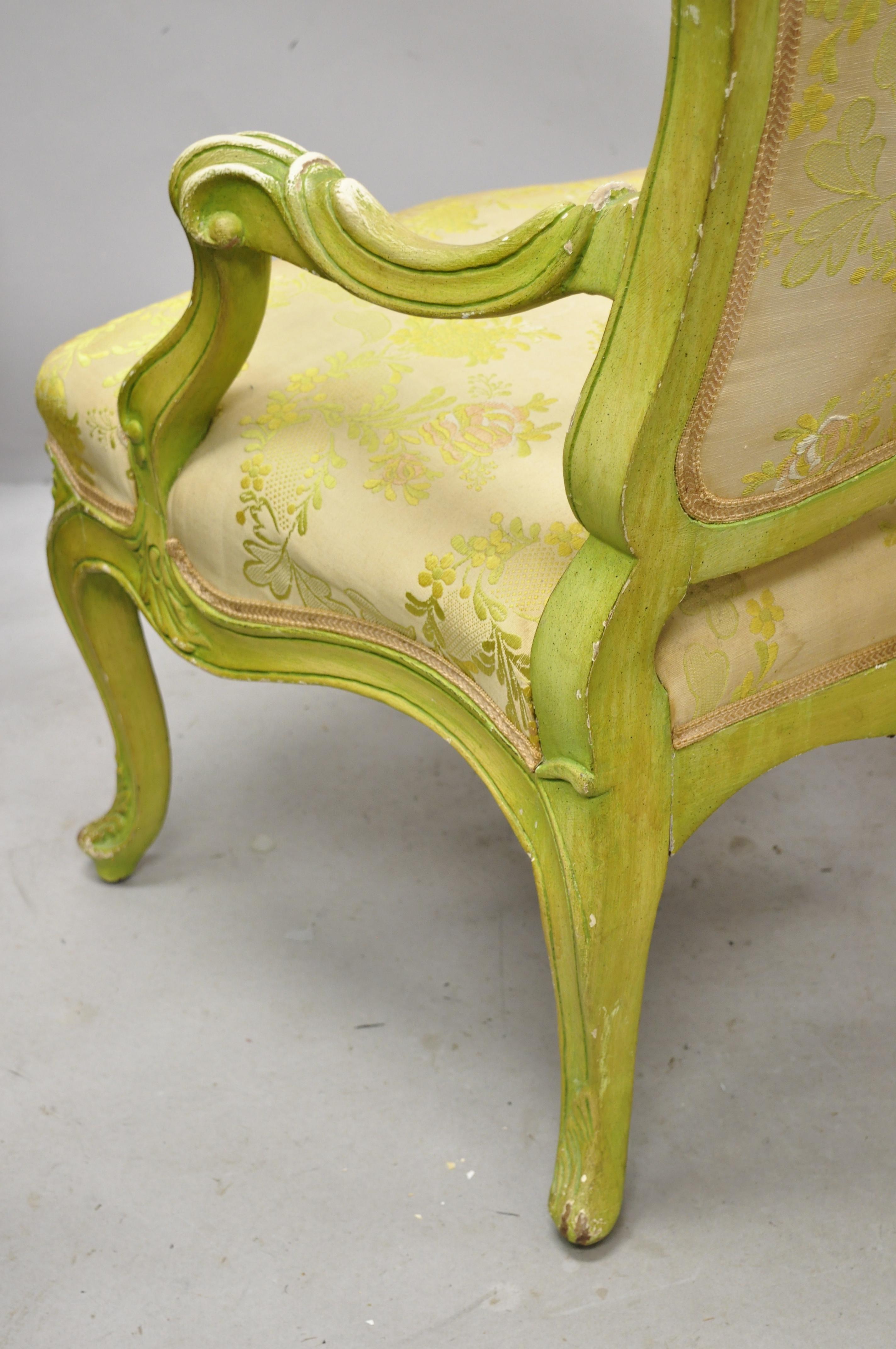 Italian Rococo Hollywood Regency Green Painted Fireside Lounge Armchairs, Pair 4