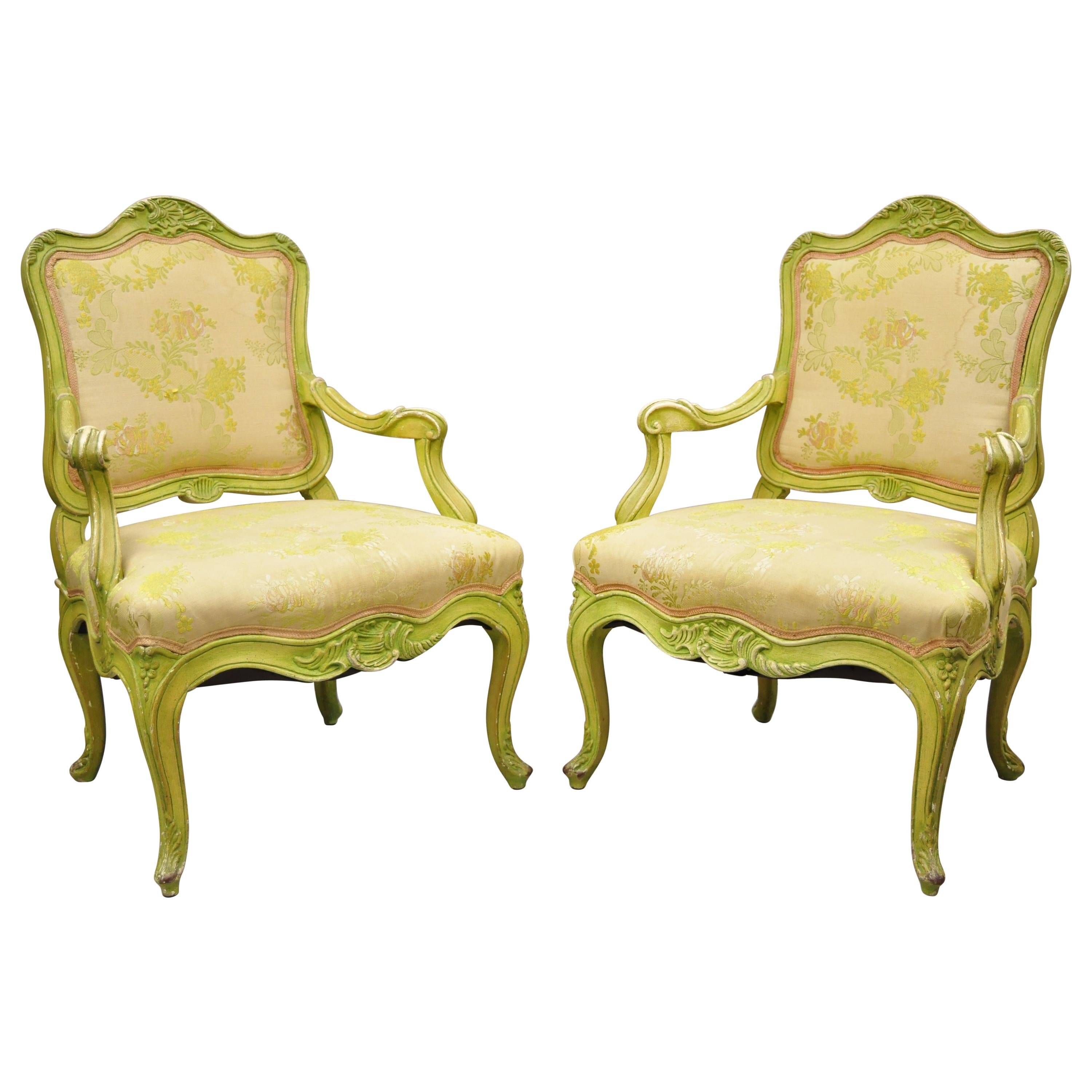 Italian Rococo Hollywood Regency Green Painted Fireside Lounge Armchairs, Pair