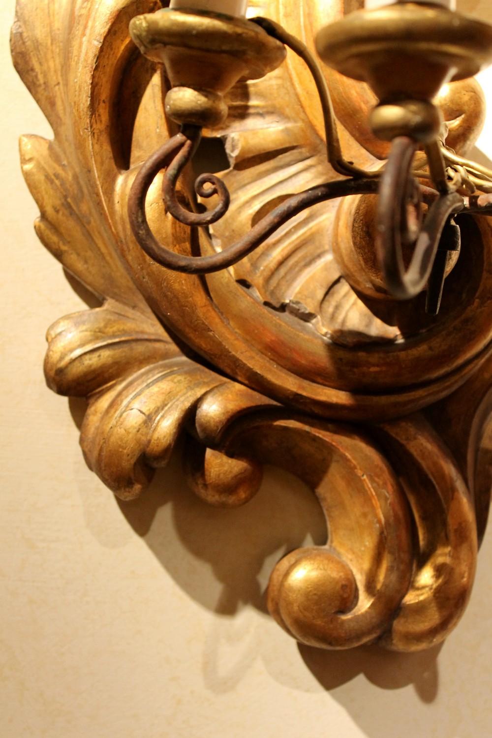 Hand-Carved Antique Italian Rococo Louis XV Style Hand Carved Giltwood Four-Light Sconces