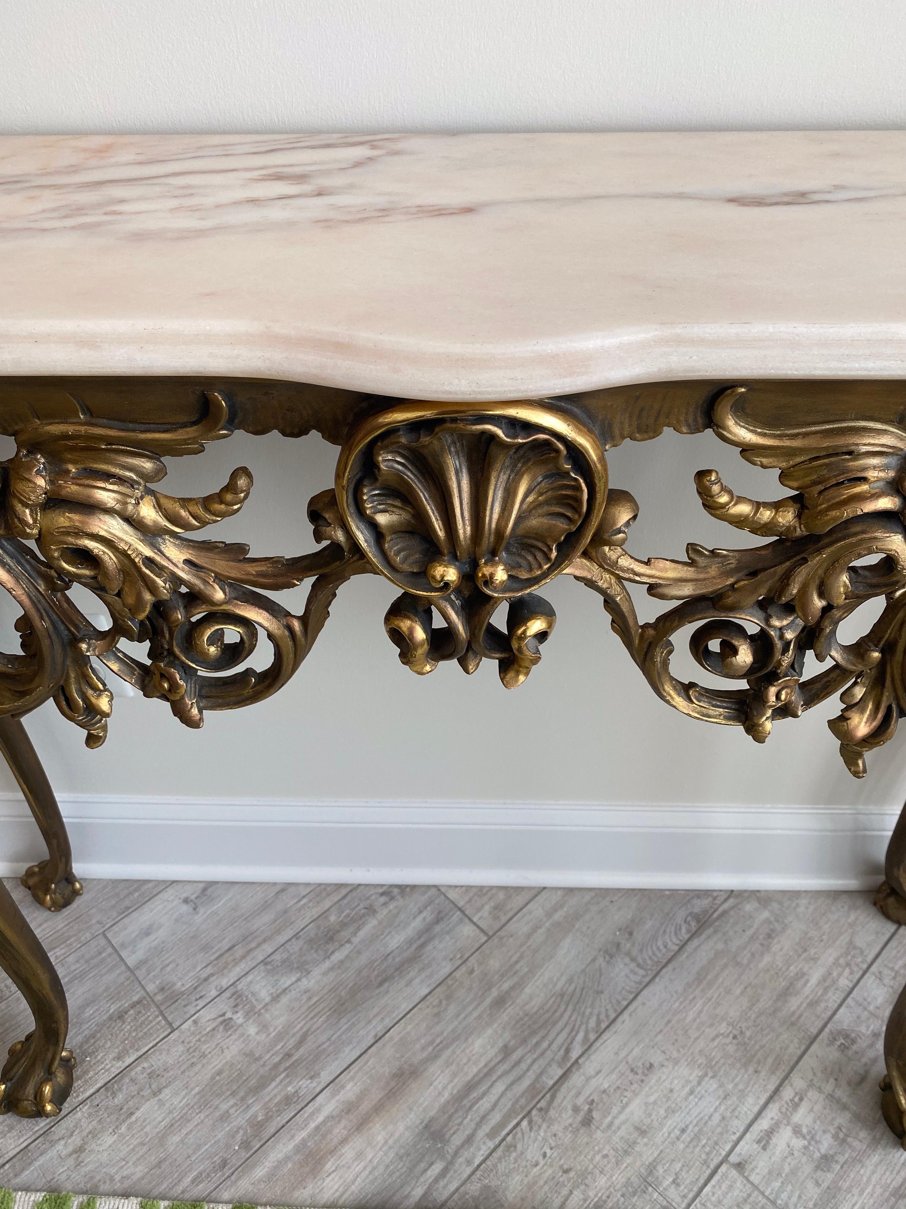 Italian Rococo Marble-Top Gilded Console In Good Condition For Sale In West Palm Beach, FL