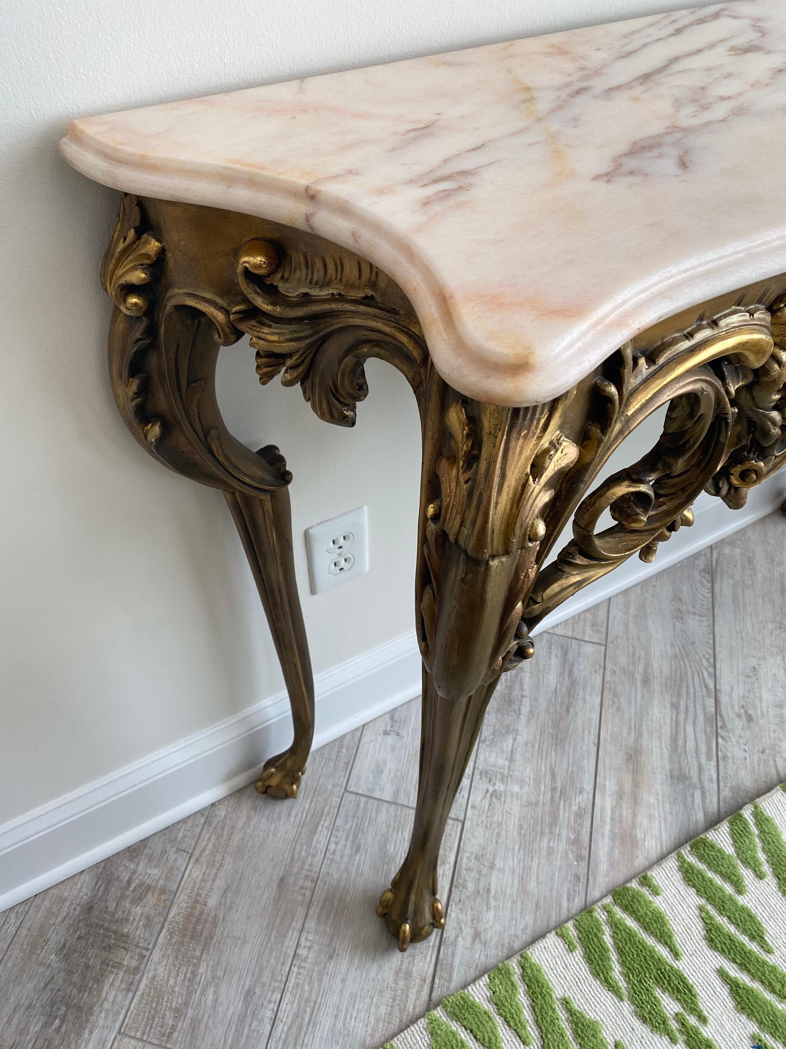Giltwood Italian Rococo Marble-Top Gilded Console For Sale