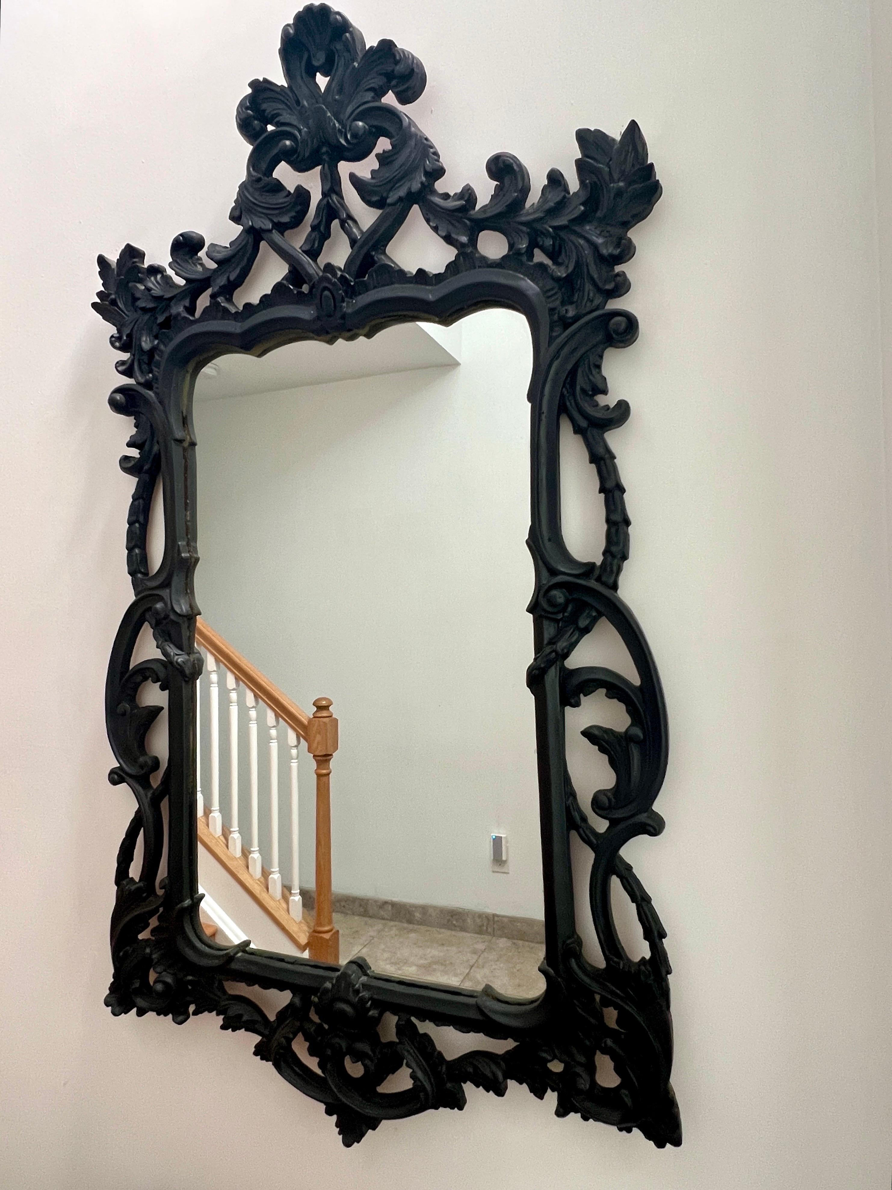 Rococo Revival Hollywood Regency Black Carved Wood Mirror with Rococo Frame, Italy C. 1970's For Sale