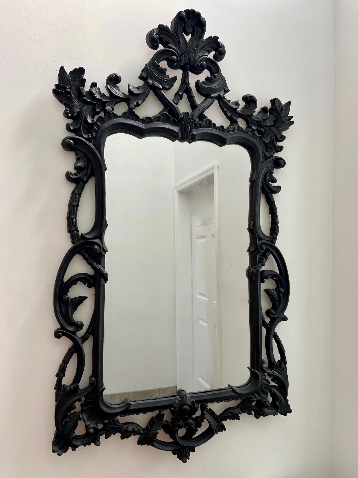 Italian Hollywood Regency Black Carved Wood Mirror with Rococo Frame, Italy C. 1970's For Sale