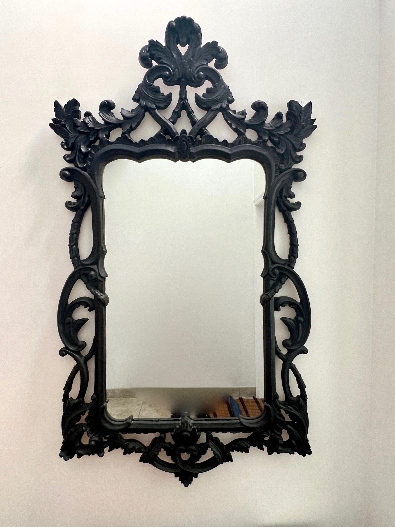 Hand-Carved Hollywood Regency Black Carved Wood Mirror with Rococo Frame, Italy C. 1970's For Sale