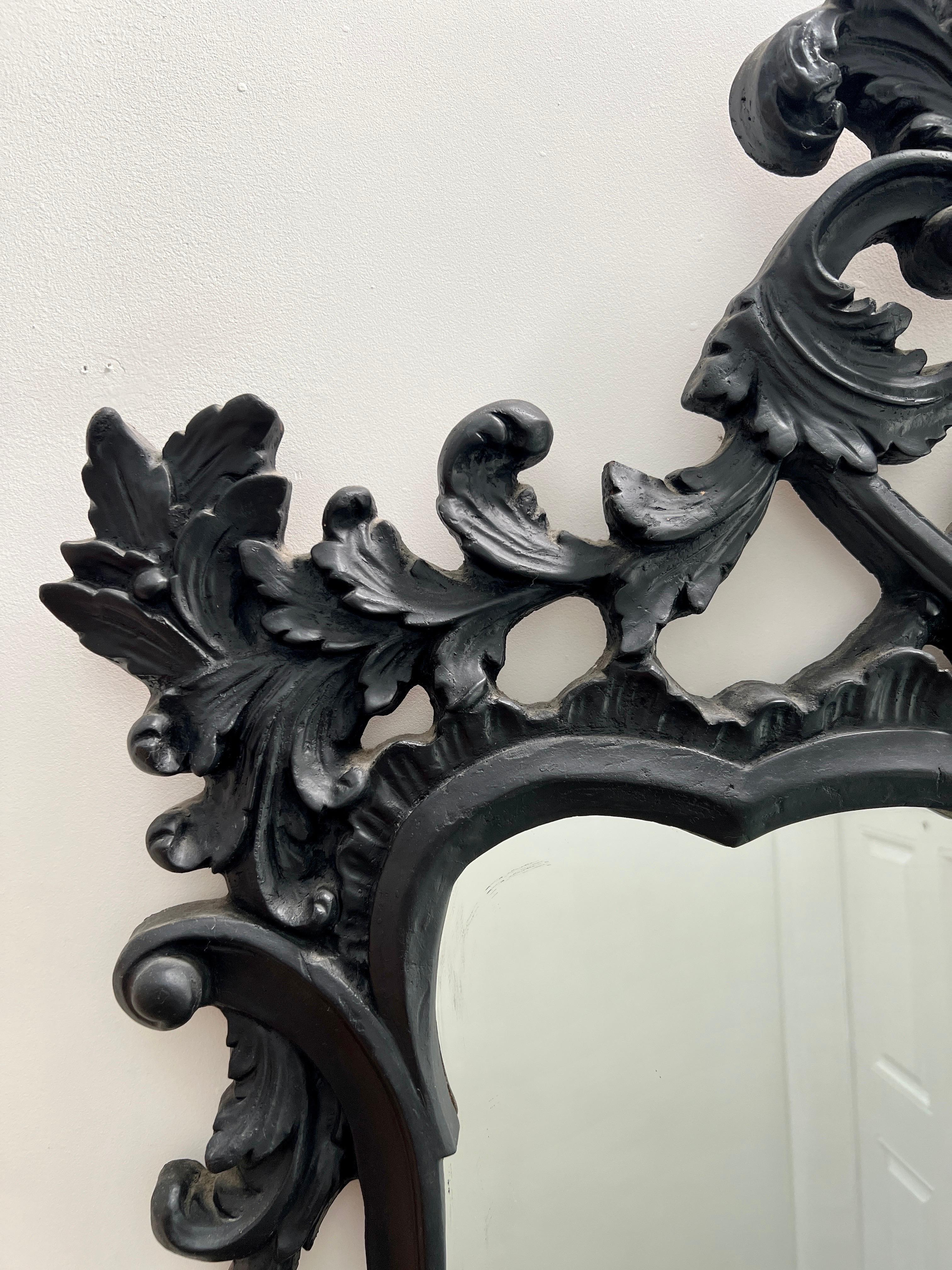 Hollywood Regency Black Carved Wood Mirror with Rococo Frame, Italy C. 1970's In Good Condition For Sale In Fort Lauderdale, FL