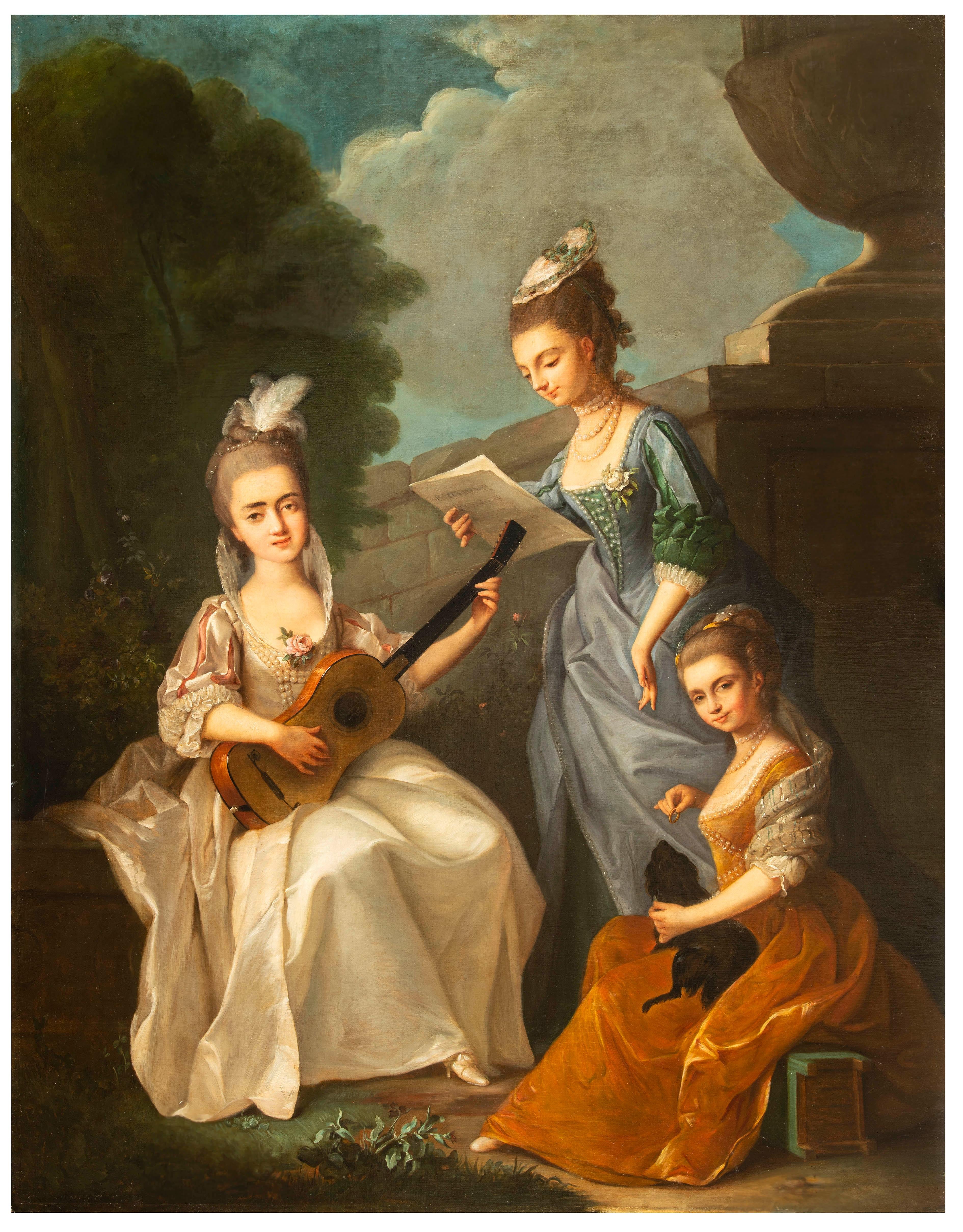 Italian Rococo Oil on Canvas Portrait Painting Young Ladies in Garden Landscape 7