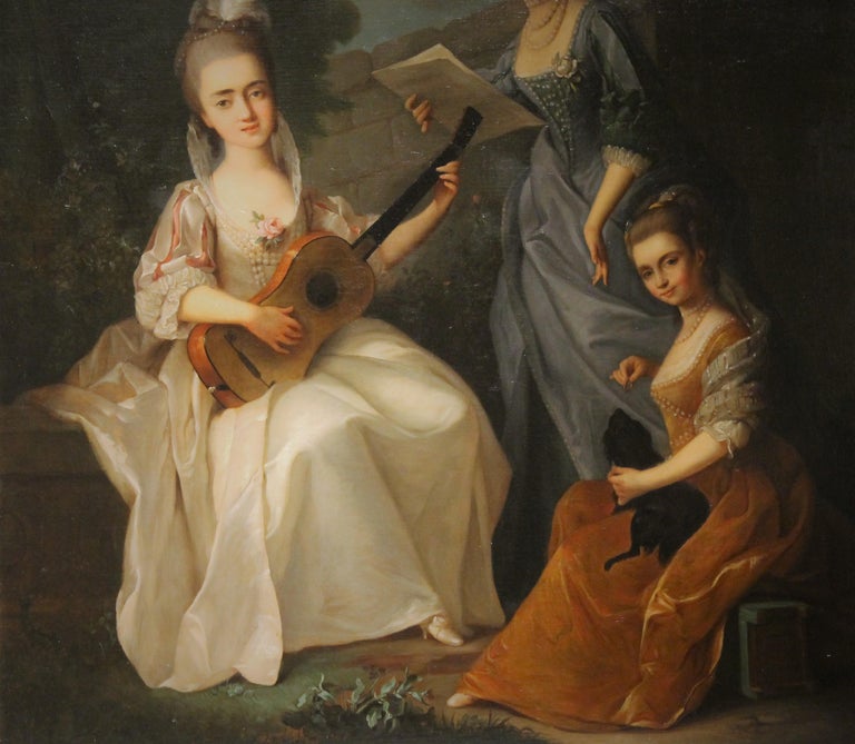 This delightful Italian 18th century oil on canvas painting portrait is a wonderful Florentine old master piece attributed to a female painter: Violante Beatrice Siries Cerroti.
Depicting three graceful young ladies who play and sing outdoors, this